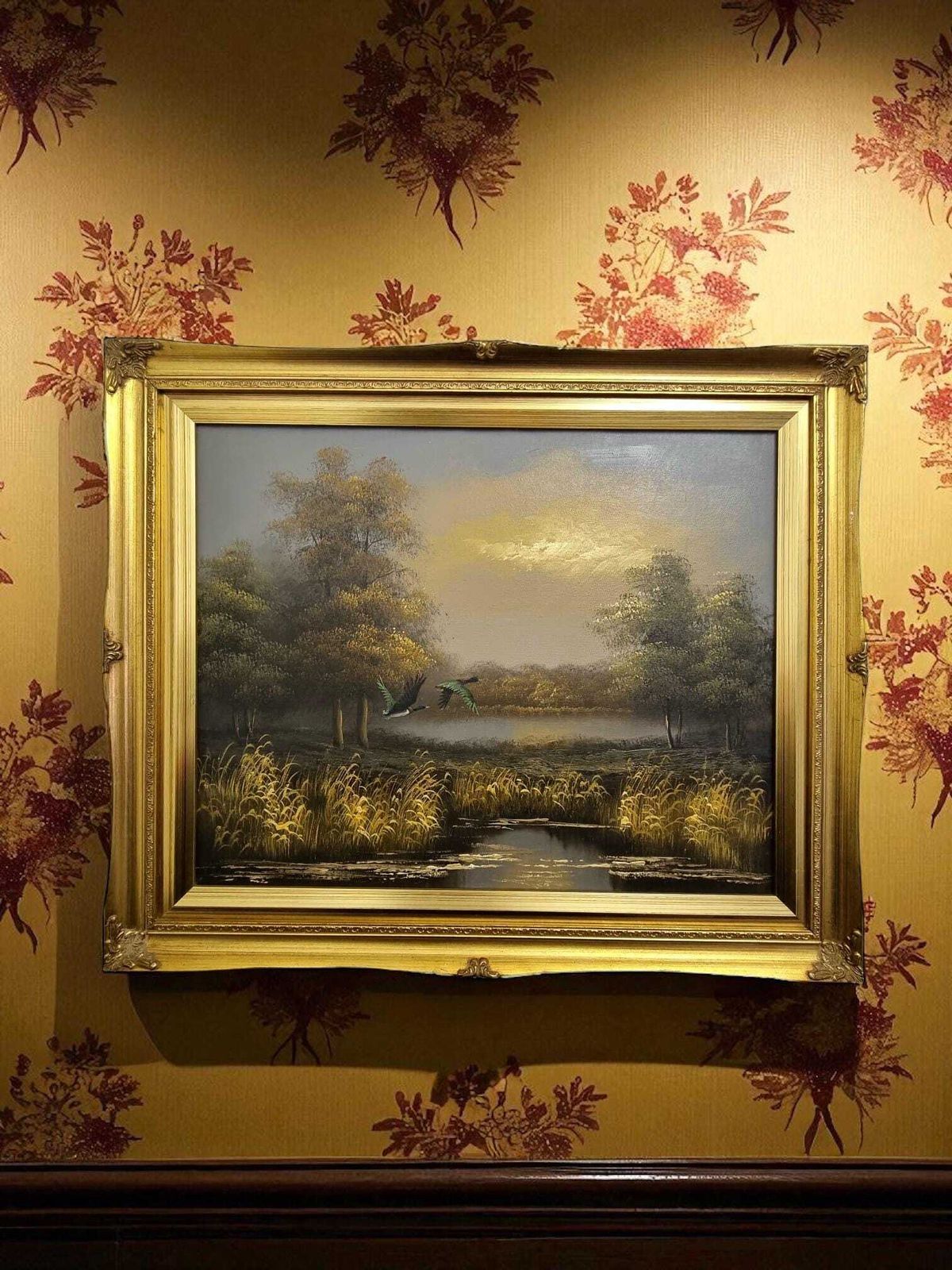 Vintage Oil Painting On Canvas / Landscape With Ducks In Flight / C1970 photo buy