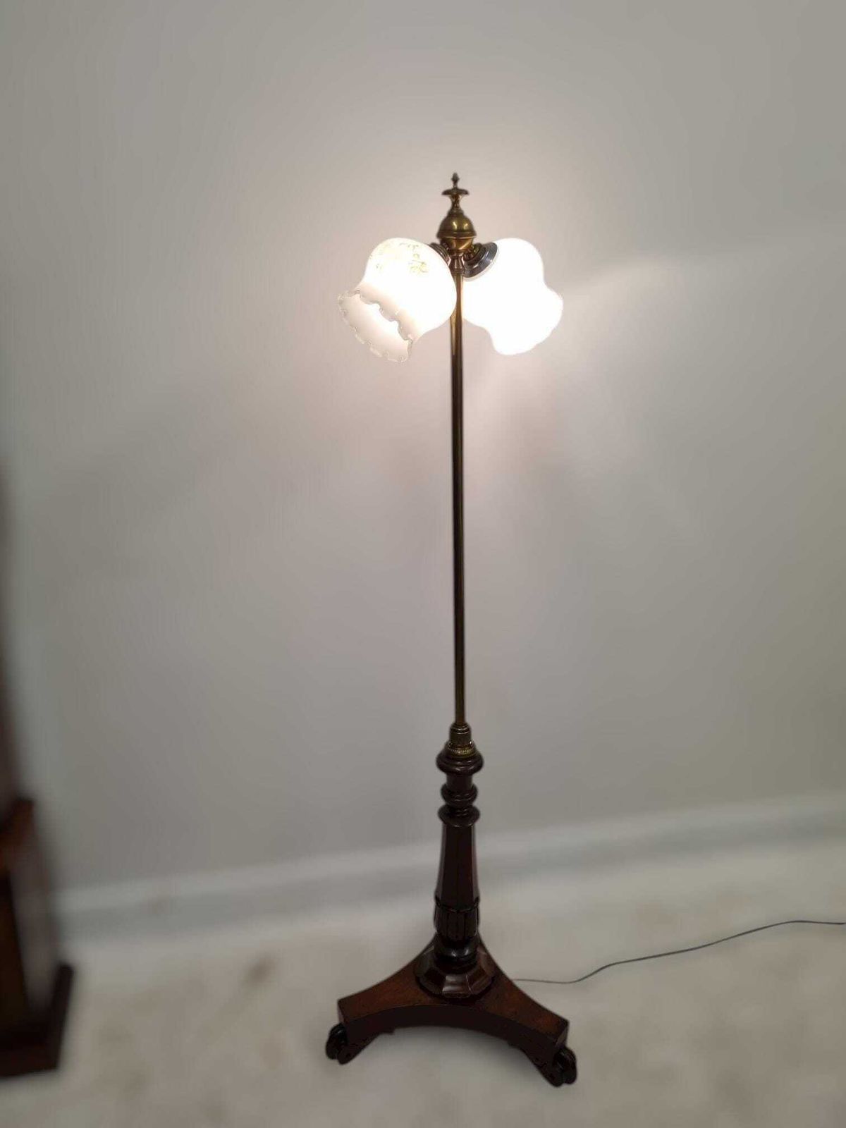Vintage Mahogany & Brass Floor Lamp With Triple Glass Shades / C1930s / Free Delivery