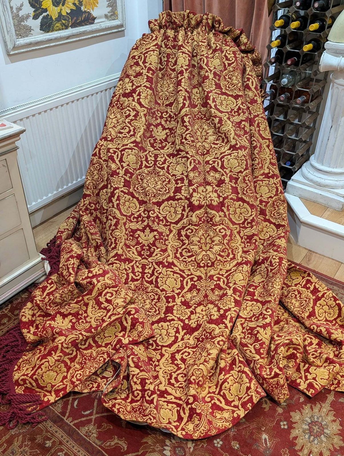 Gold And Terracotta Damask Tape Top Second Hand Curtains With Fringing W447 D236