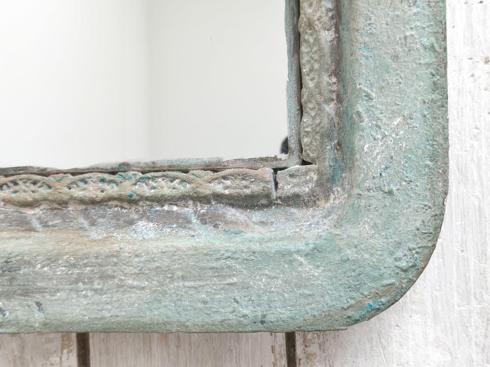 Romantic Blue Metal Wall Mirror With Floral Details And Hanging Ribbon, Distressed Shabby Chic Home Decor photo furniture
