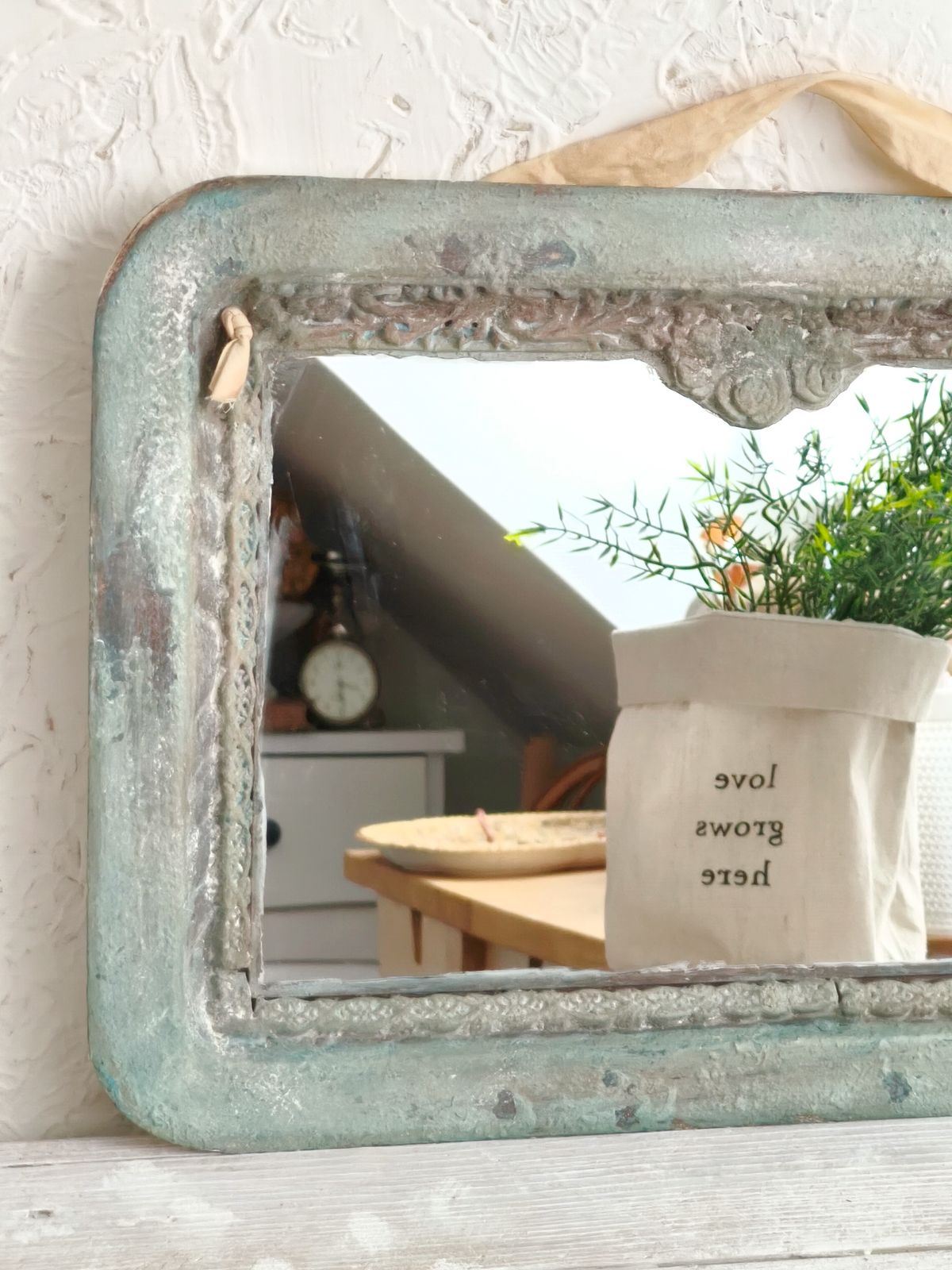 Romantic Blue Metal Wall Mirror With Floral Details And Hanging Ribbon, Distressed Shabby Chic Home Decor photo for sale