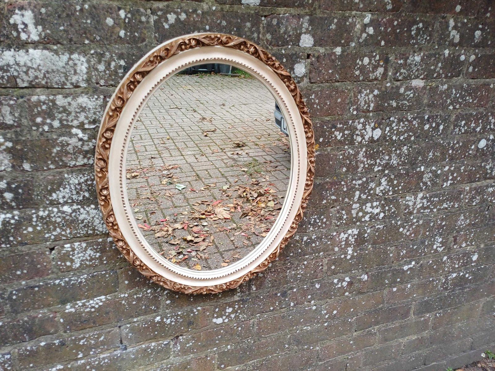 photo for sale Elegant 1950s Oval Gold And Cream Painted Wall Mirror Bevelled Glass Antique Moulded Ornate Plaster Frame With Original Finish.
