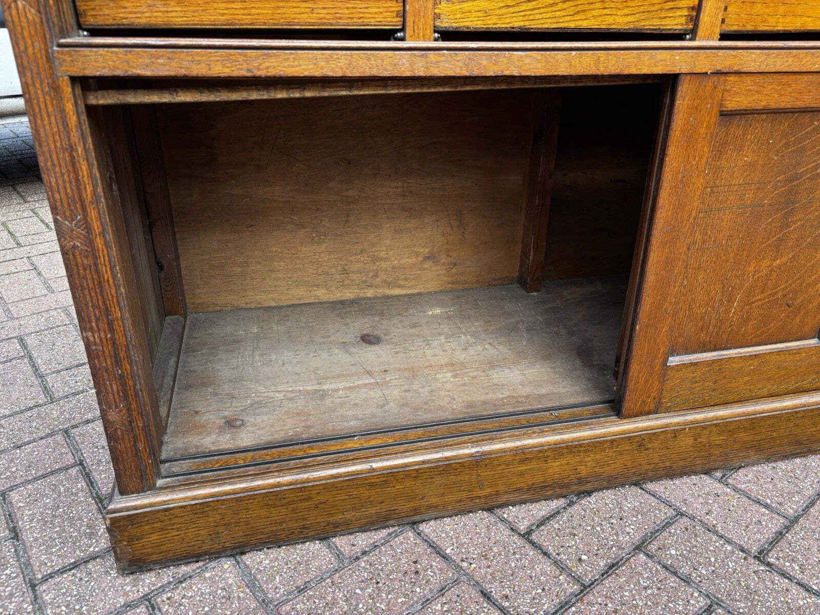Furniture Edwardian Oak Haberdashery Cabinet With 32 Pull Out Drawers. Cupboards Below. photo