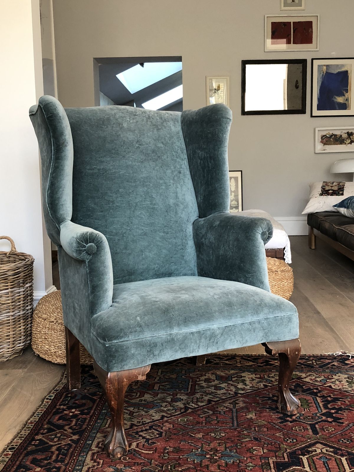 Blue Velvet Wing Back Chair. Authentic Not Reproduction. photo for sale