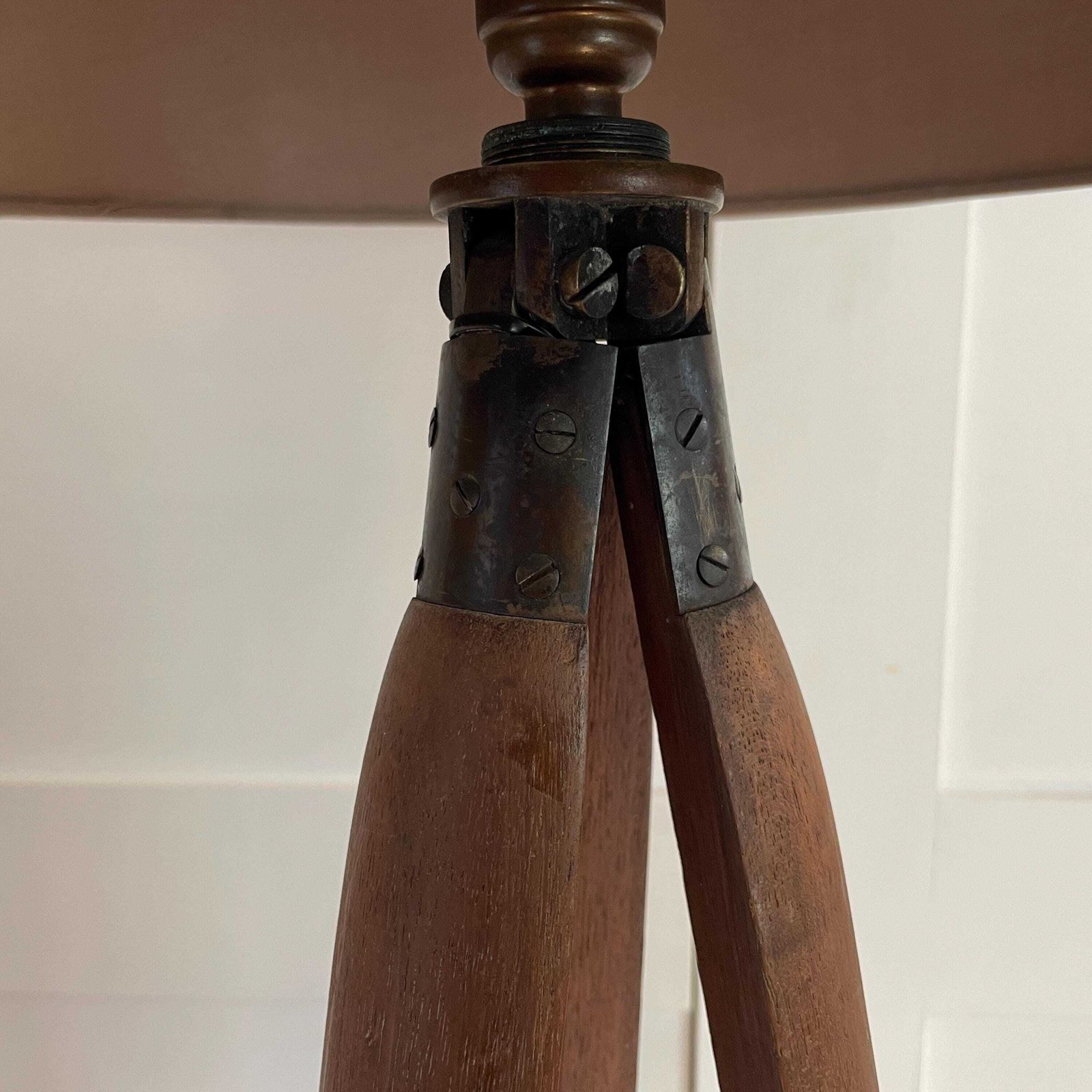 Vintage Wooden Tripod Floor Lamp Brass Fittings Retro Studio Freestanding Mid Century Industrial Studio Surveyor Style Lighting Inc Shade photo for sale