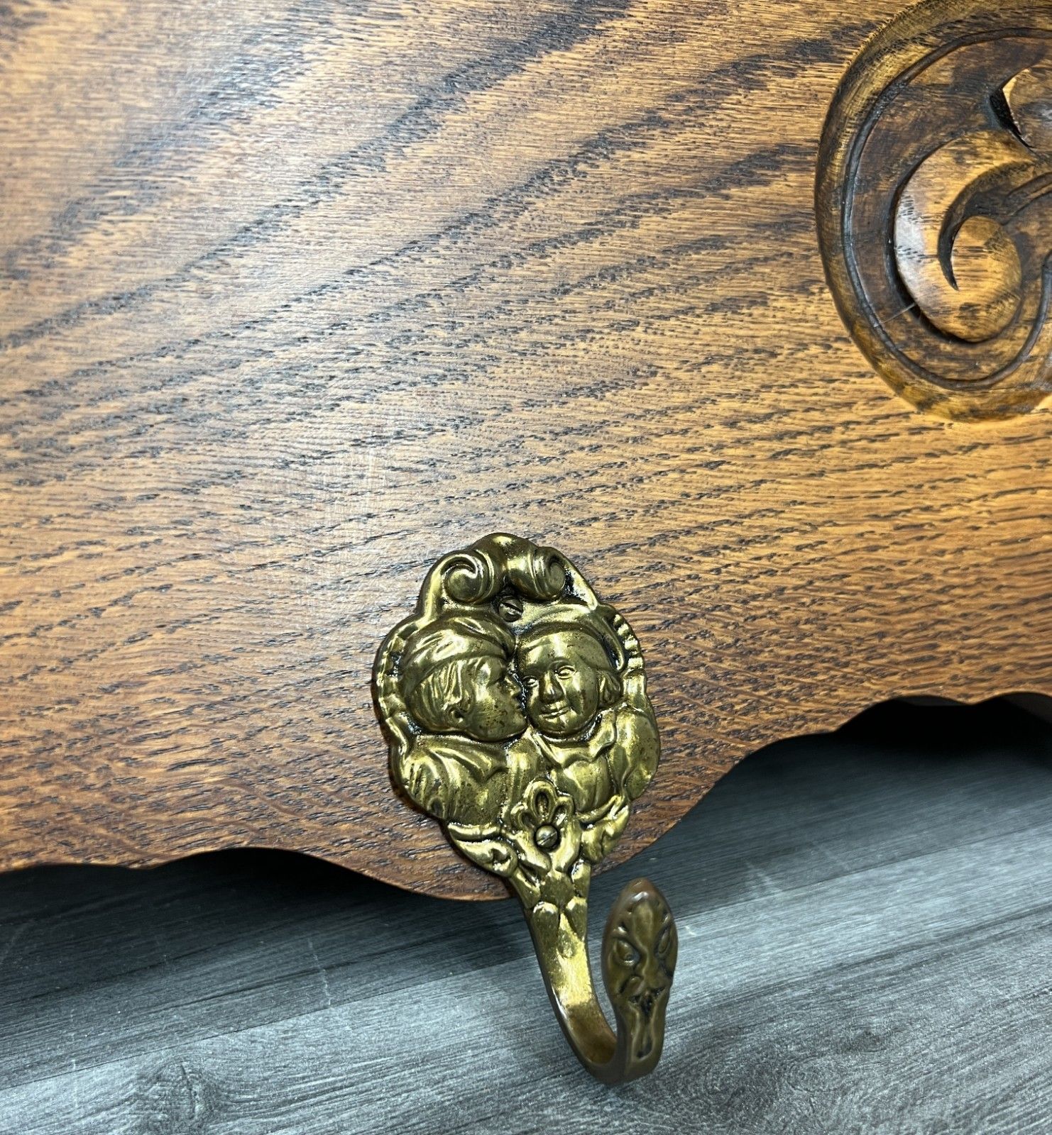 French Vintage Coat Rack Oak 7 Hooks Ornate Wall Shelf Carved Coat Lot 4216 photo vinterior