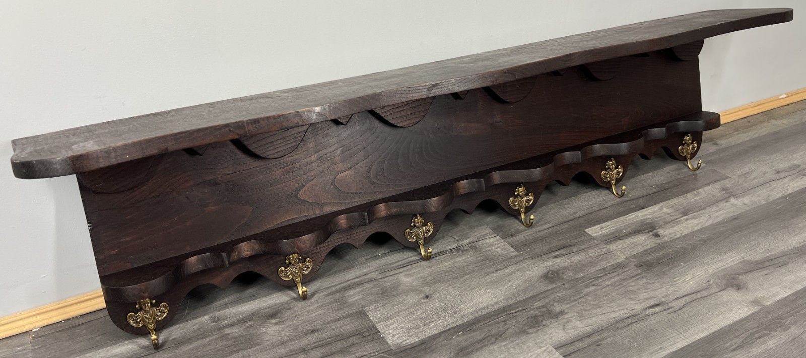 French Vintage Coat Rack Oak 6 Brass Hooks Wall Shelf Coat Hanger Lot 4211 photo furniture