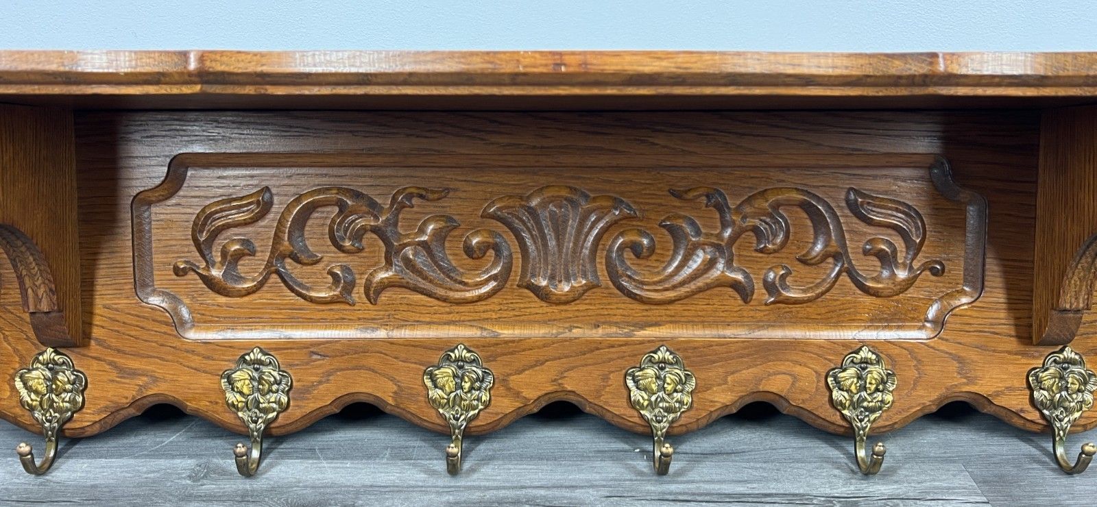 French Vintage Coat Rack Oak 6 Hooks Ornate Wall Shelf Carved Coat Lot 4220 photo Furniture