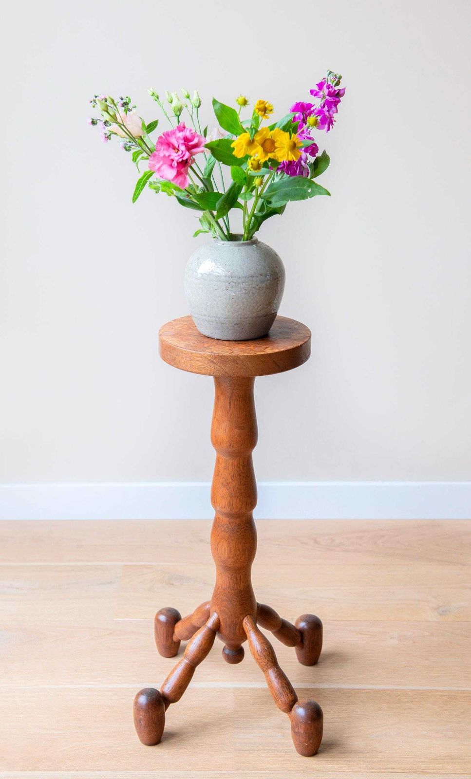 Vintage Plant Stand, Hand Carved Pedestal, Oak Wooden Tripod Table, Tall Plant Stool, 1950s Design, Mid Century Modern photo furniture