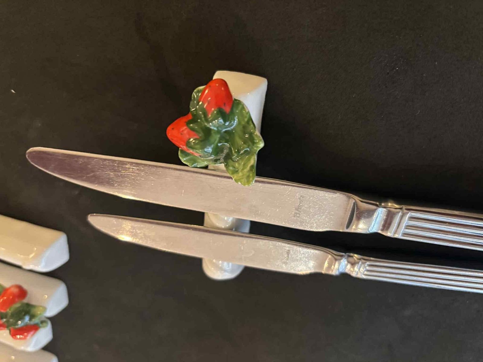 Ceramic Majolica Knife Rests Set: Ceramic Vegetable Fruits Cutlery Holder, France Vintage photo for sale