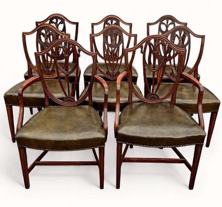 8 Hepplewhite Dining Chairs. Green Leather Upholstery. Prince Of Wales Feathers