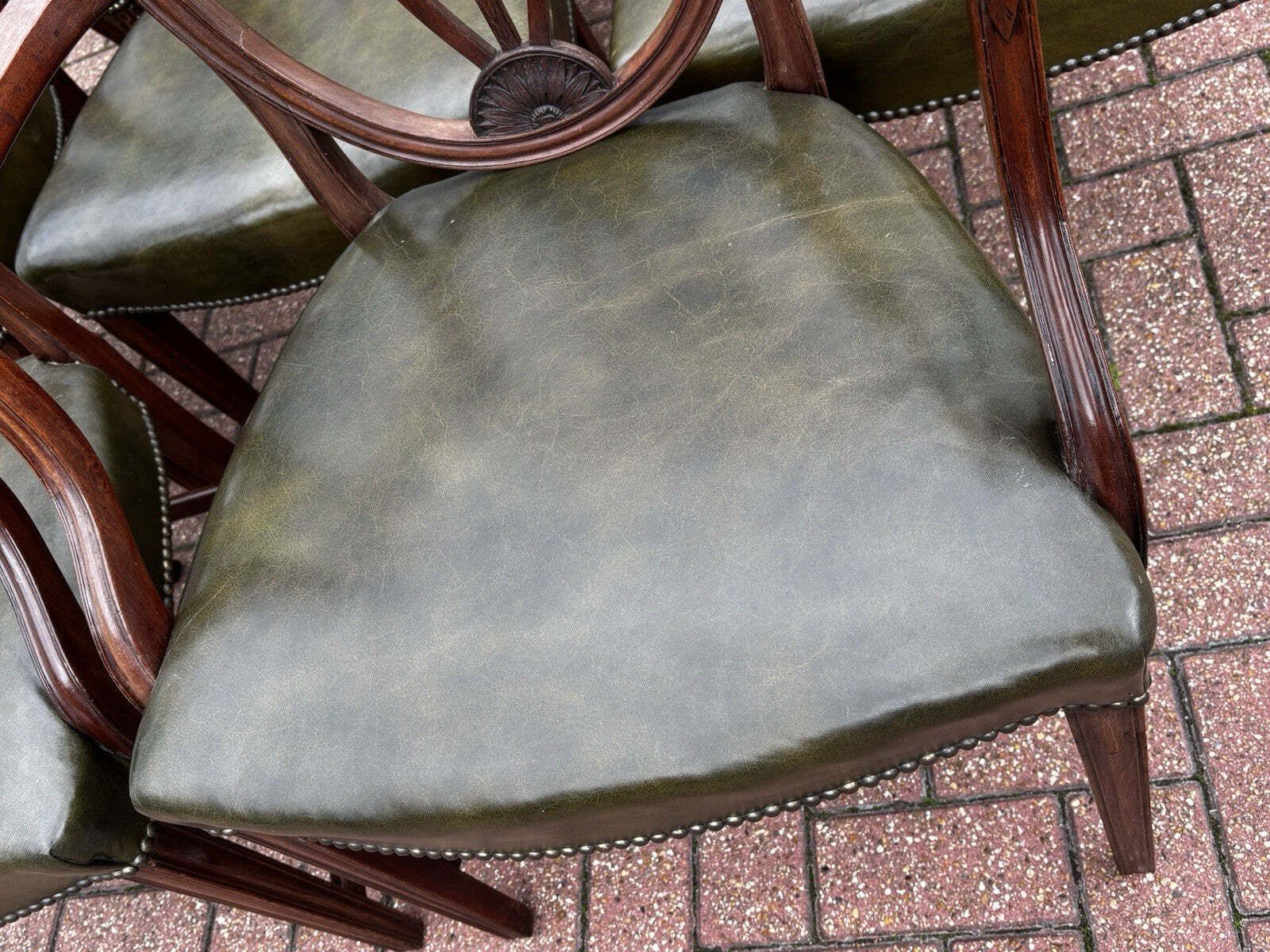 8 Hepplewhite Dining Chairs. Green Leather Upholstery. Prince Of Wales Feathers photo Furniture