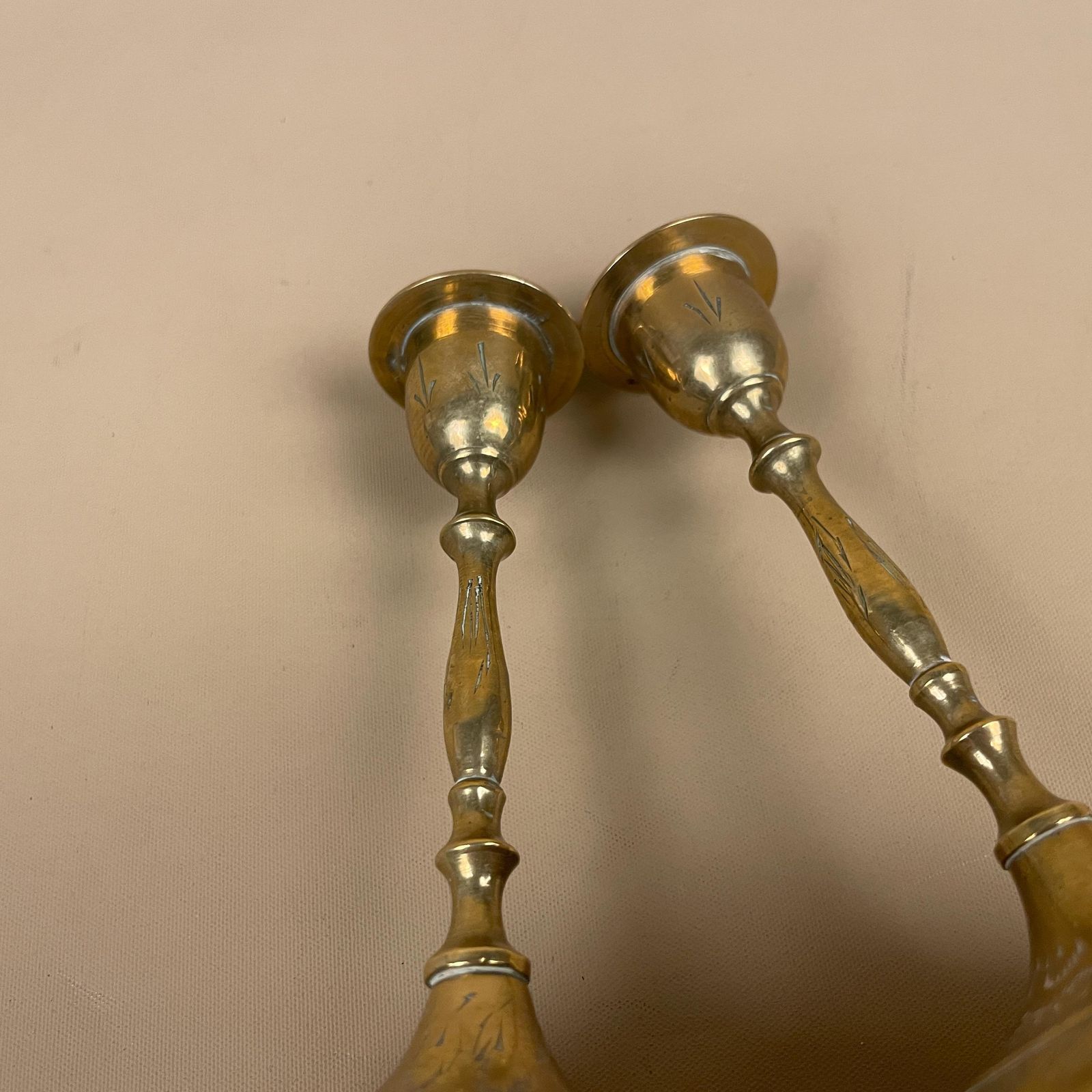 Antique Matching Pair Of Gold Brass Metal Candlestick Candle Stick Holders Holder Vintage Round Taper Dinner Candlesticks Engraved Indian photo vintage