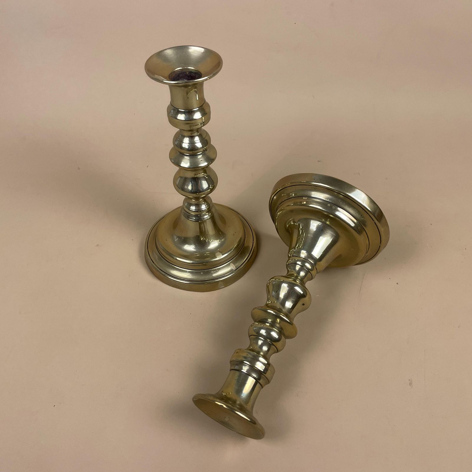 Antique Matching Pair Of Gold Brass Metal Candlestick Candle Stick Holder Vintage Column Taper Dinner Candlesticks Round Base Ornate photo furniture