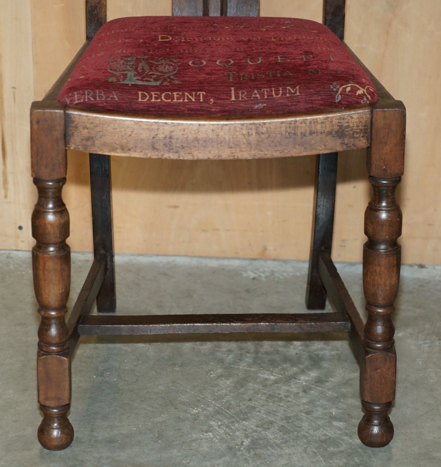 English Oak Art Deco Hall Chair With Latin Inscribed Seat Upholstery photo buy