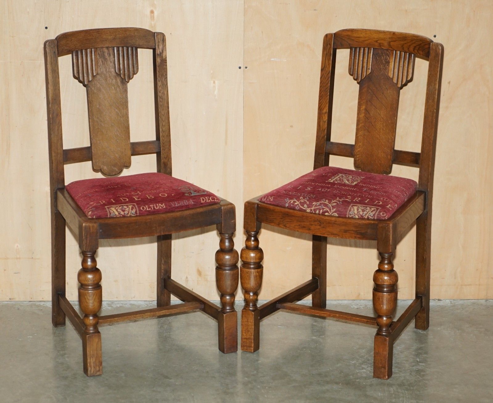 Pair Of English Oak Art Deco Hall Chairs With Latin Inscribed Seat Upholstery photo furniture