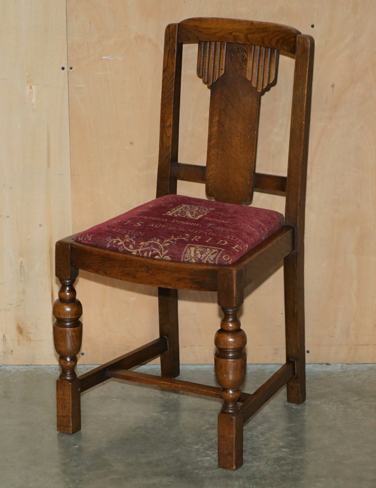 Pair Of English Oak Art Deco Hall Chairs With Latin Inscribed Seat Upholstery photo for sale