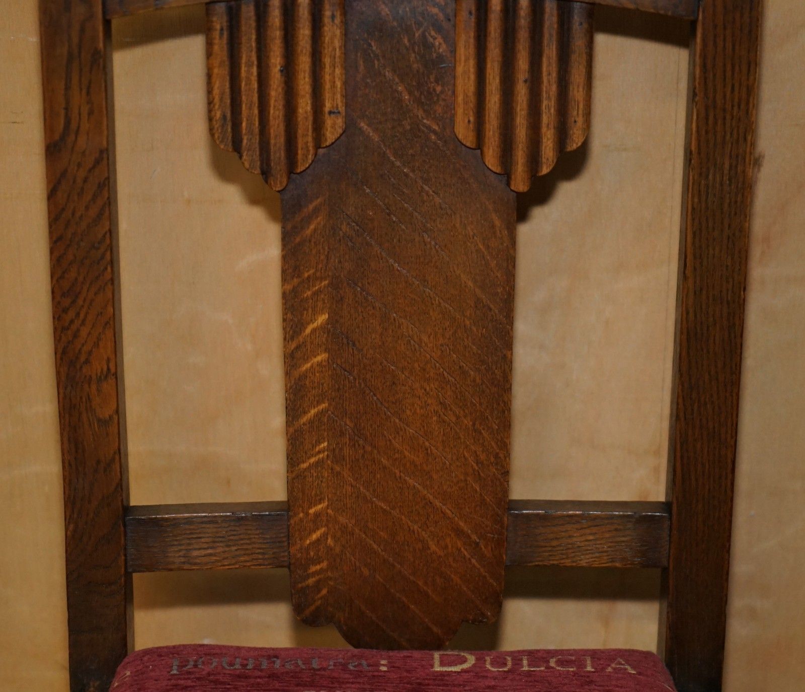 Pair Of English Oak Art Deco Hall Chairs With Latin Inscribed Seat Upholstery photo buy