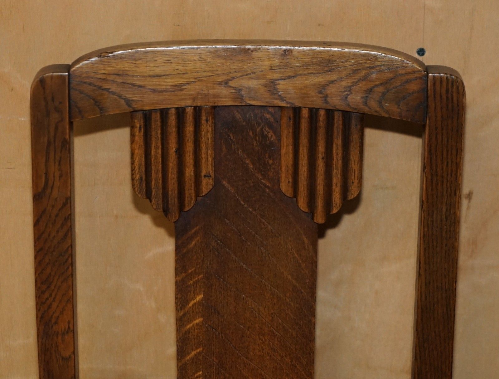 Pair Of English Oak Art Deco Hall Chairs With Latin Inscribed Seat Upholstery photo vintage