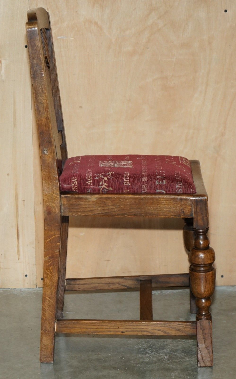 photo buy Pair Of English Oak Art Deco Hall Chairs With Latin Inscribed Seat Upholstery