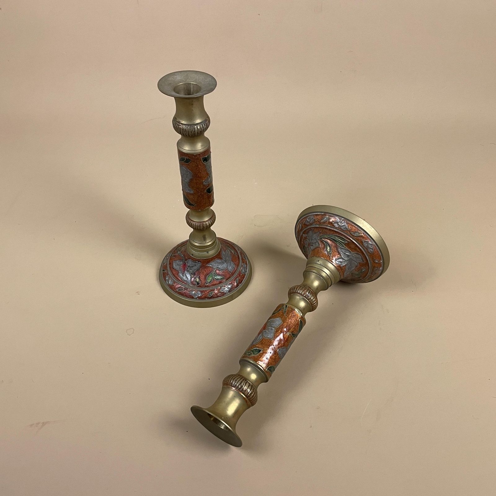 Pair Of 2 Antique Gold Solid Brass Metal Candlestick Candle Stick Vintage Dinner Candlesticks Ornate Pattern Red Enamel Floral Pattern Set photo furniture