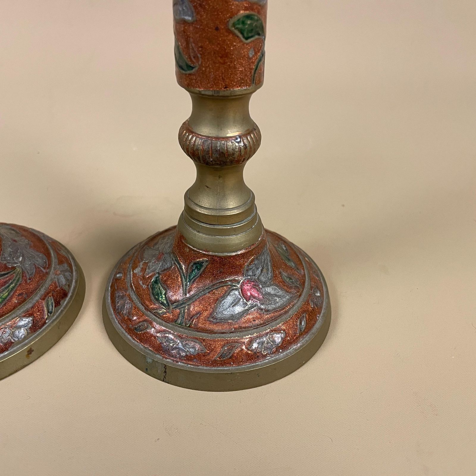Pair Of 2 Antique Gold Solid Brass Metal Candlestick Candle Stick Vintage Dinner Candlesticks Ornate Pattern Red Enamel Floral Pattern Set photo 59.0