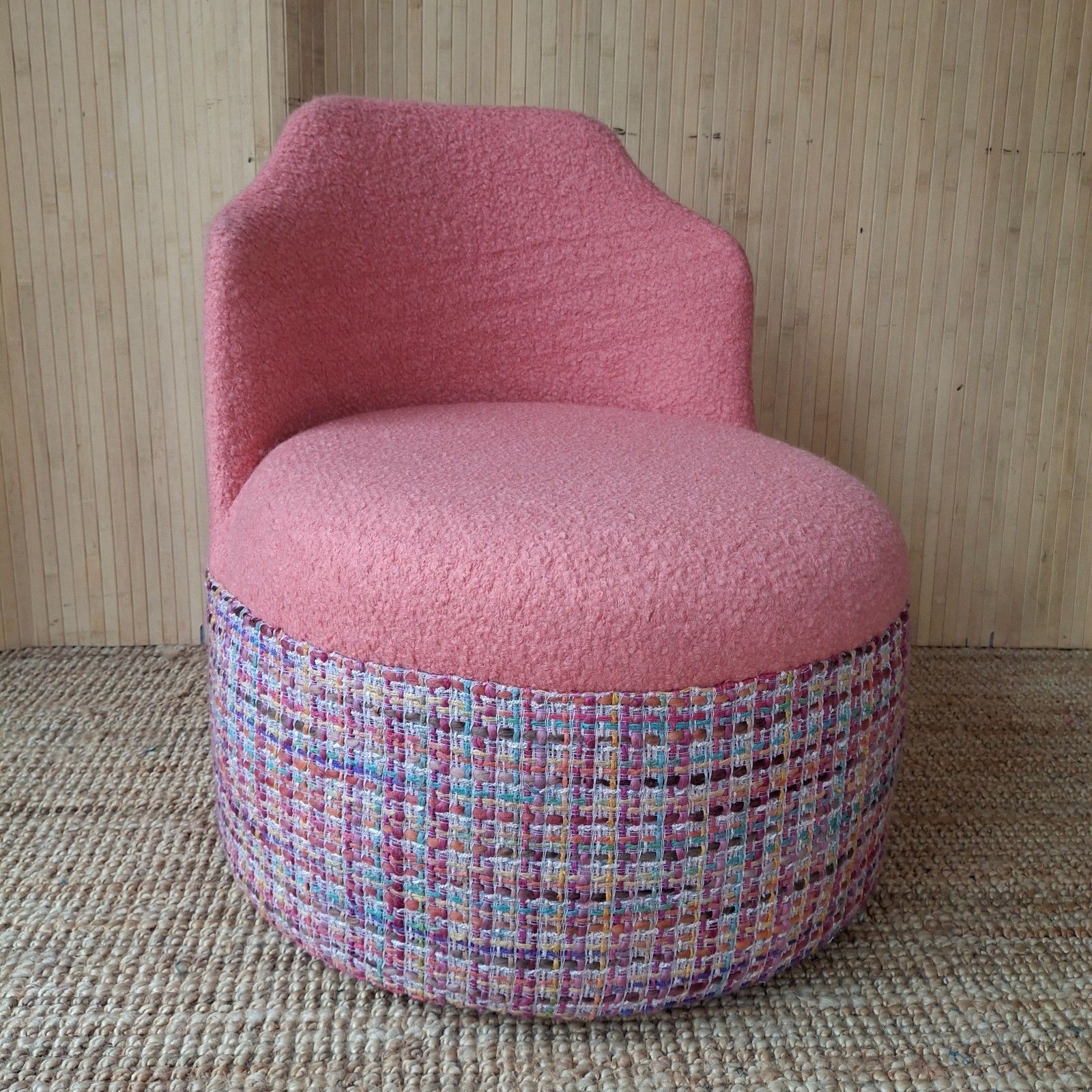 photo buy Fab Vintage Retro 70s Cocktail Bedroom Tub Chair Coral Boucle Multicolour Tweed