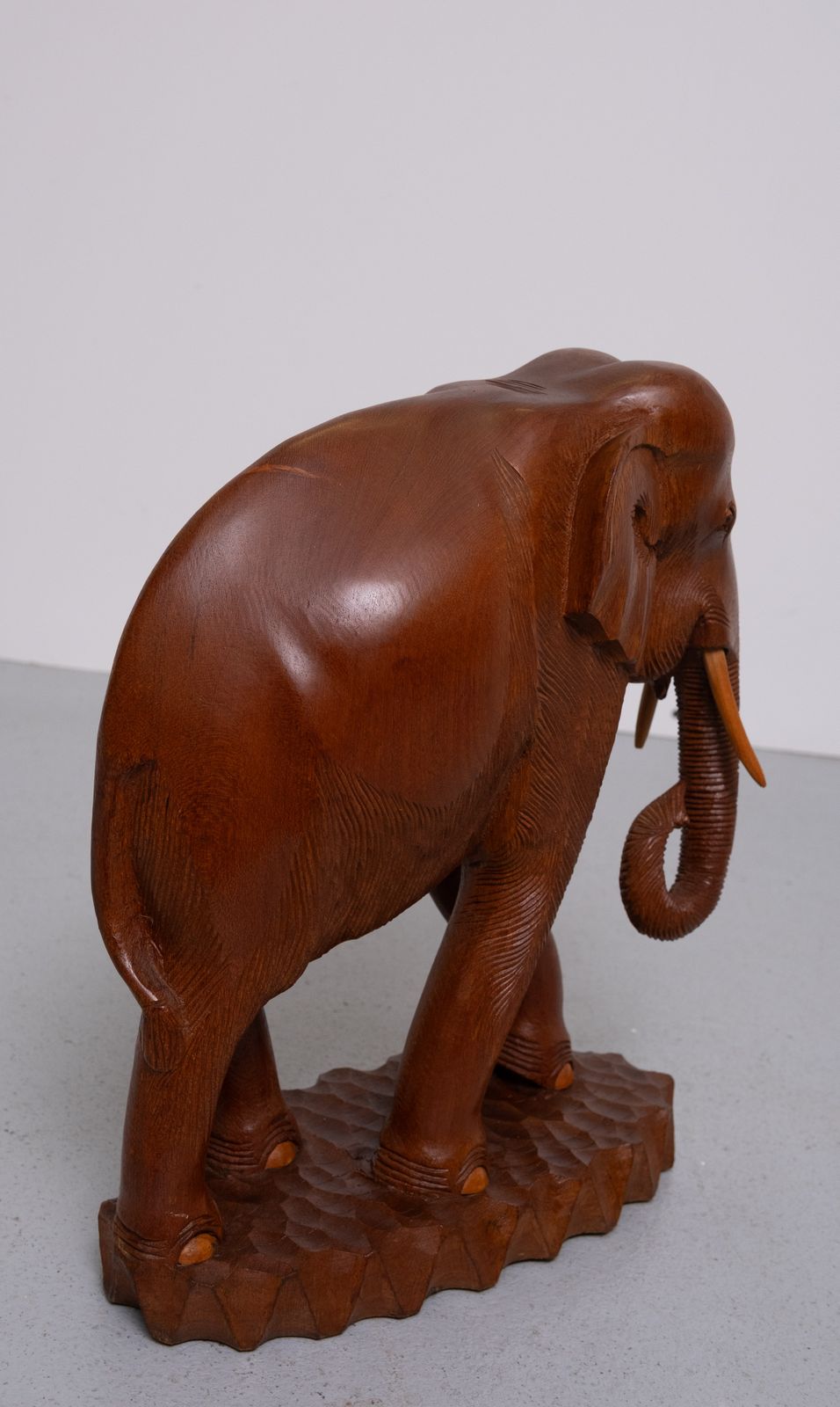 Large Carved Teak Elephant Statues Together With A Smaller Elephant 1950s photo Home Decor