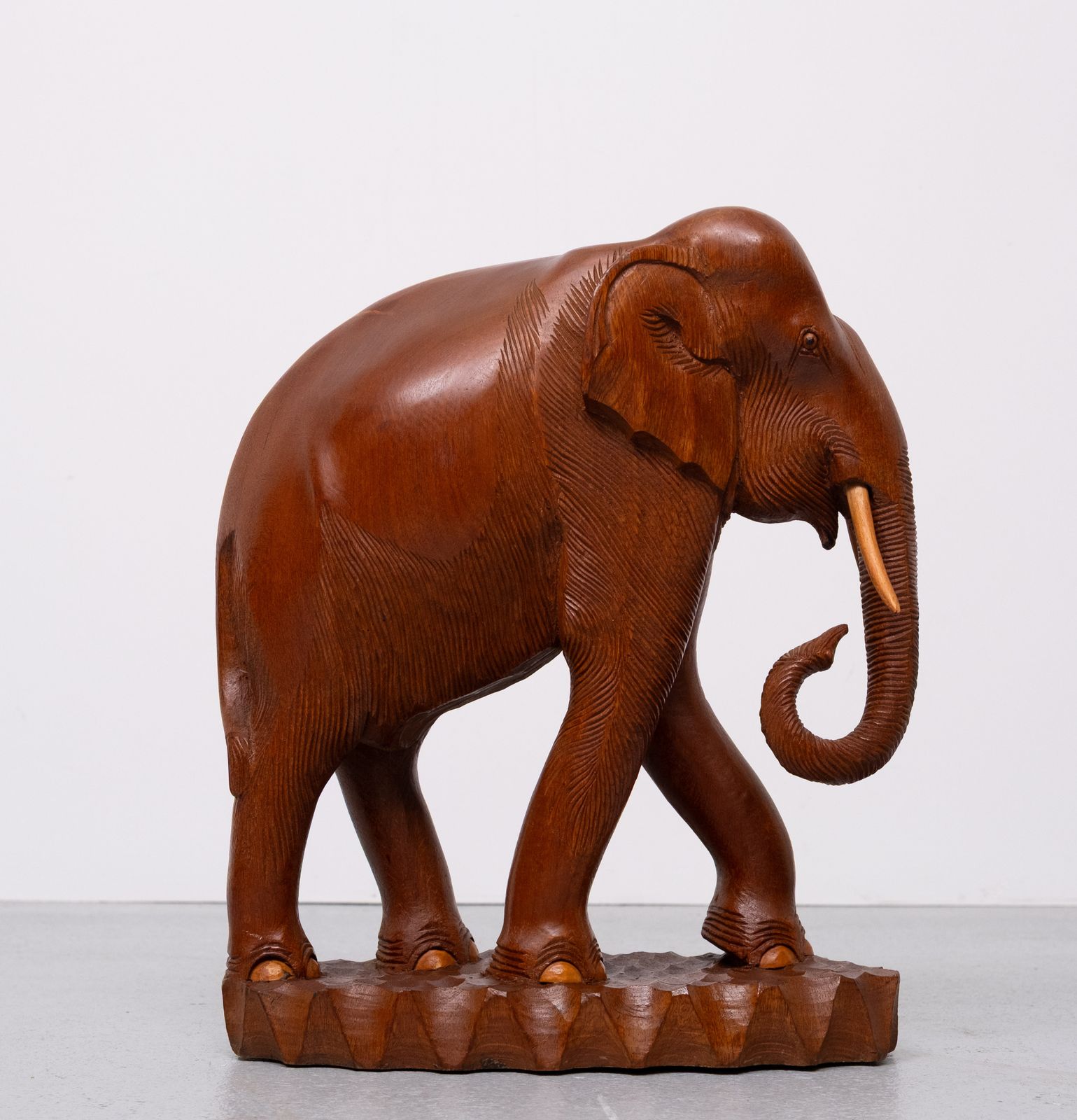 Large Carved Teak Elephant Statues Together With A Smaller Elephant 1950s photo vinterior