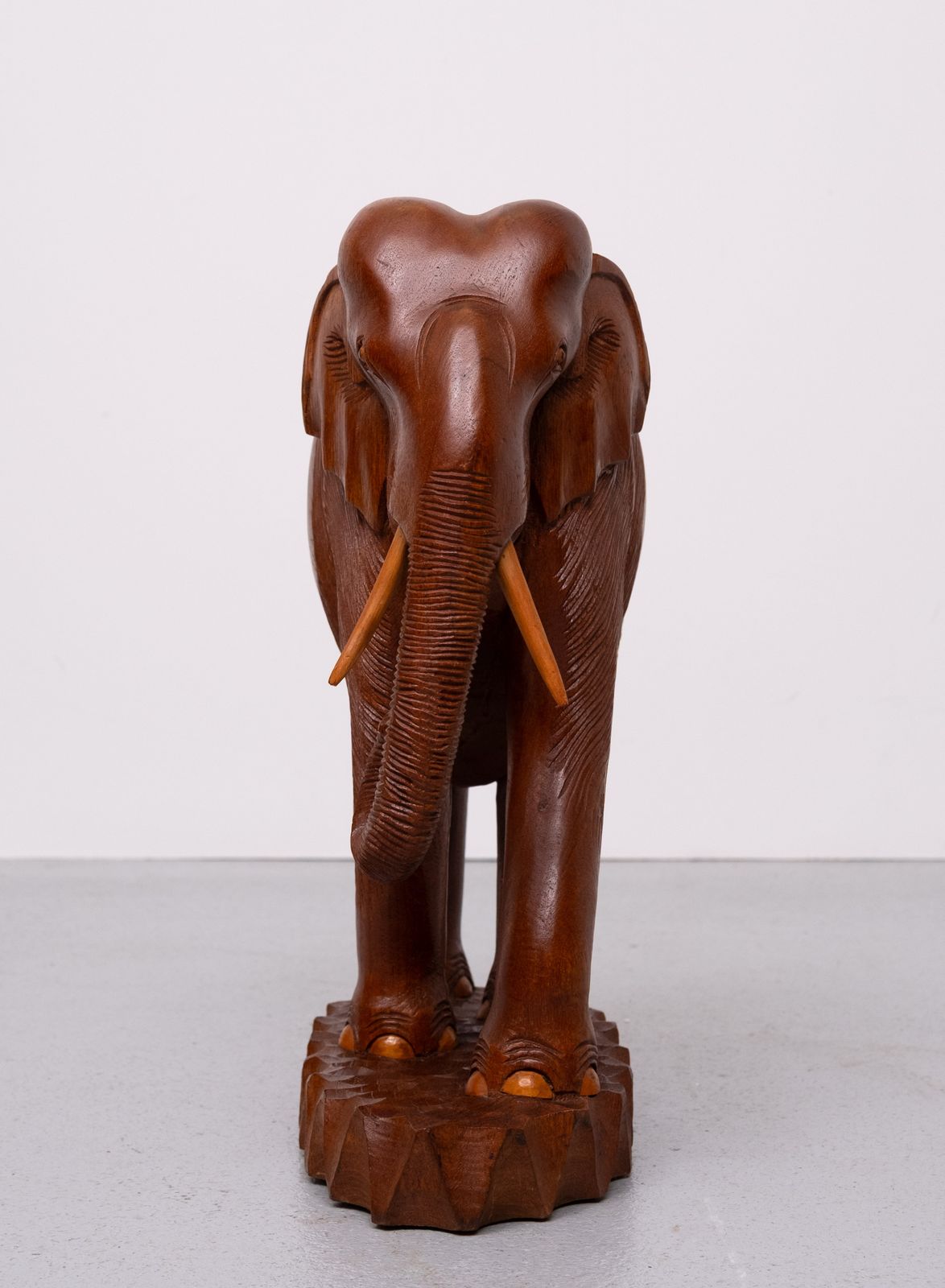 650.0 Large Carved Teak Elephant Statues Together With A Smaller Elephant 1950s photo
