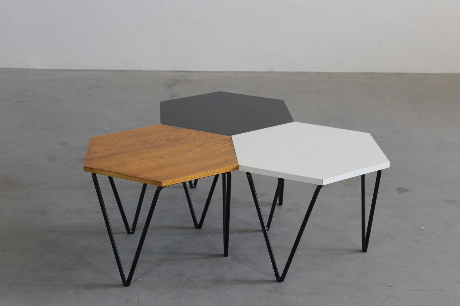 Gio Ponti Set Of Three Hexagonal Coffee Tables In Wood And Metal I.S.A. 1950s photo 5382.0
