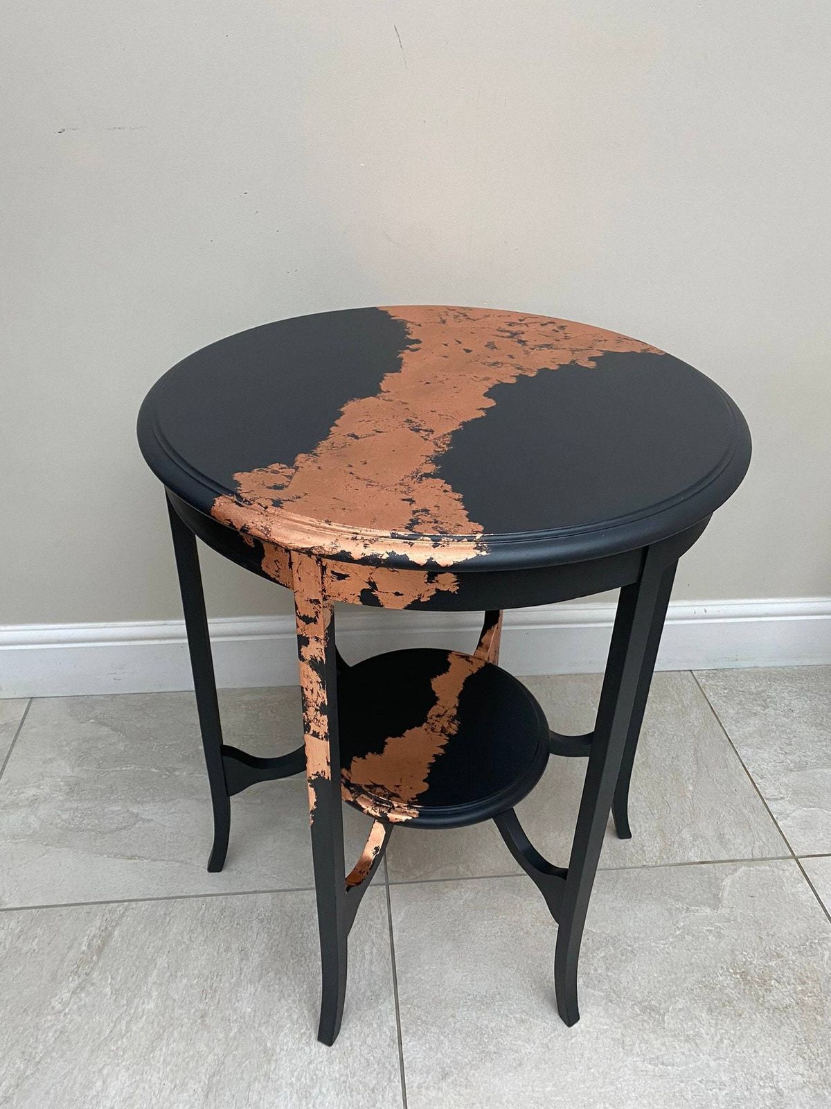 Refurbished Antique Solid Mahogany Two Tier Side Table, Painted In Ash Grey Fusion Mineral Paint And Finished With Copper Leaf. photo for sale