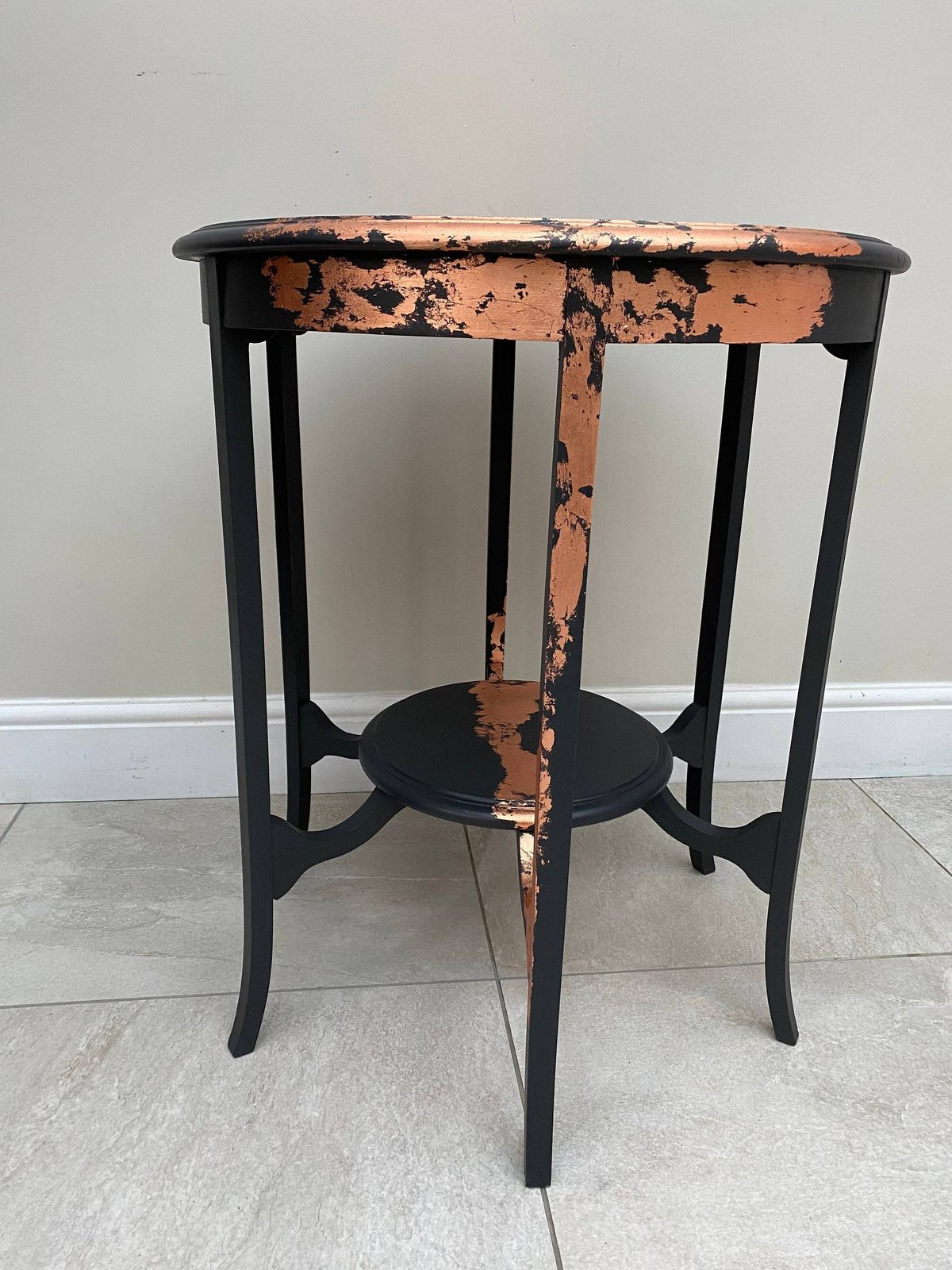 Refurbished Antique Solid Mahogany Two Tier Side Table, Painted In Ash Grey Fusion Mineral Paint And Finished With Copper Leaf. photo vinterior