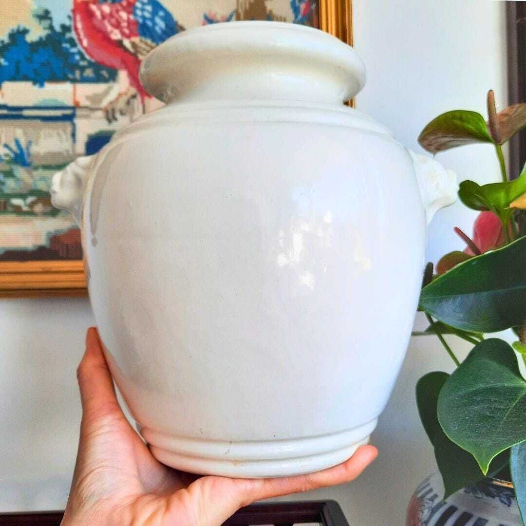 Large Vintage French Provincial Off White Glazed Earthenware Confit Pot photo buy
