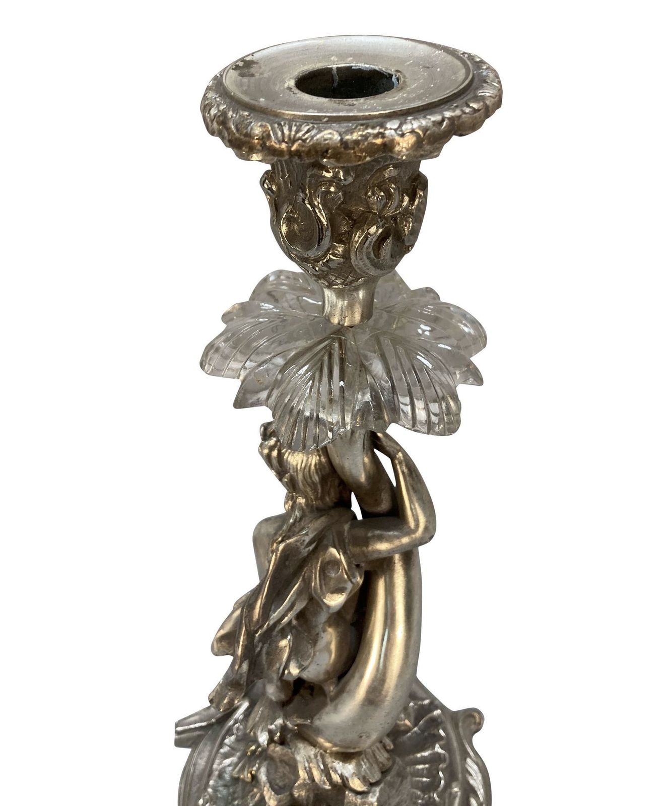 A Pair Of Silvered Bronze Candlesticks Depicting Triton & Nereid photo vintage