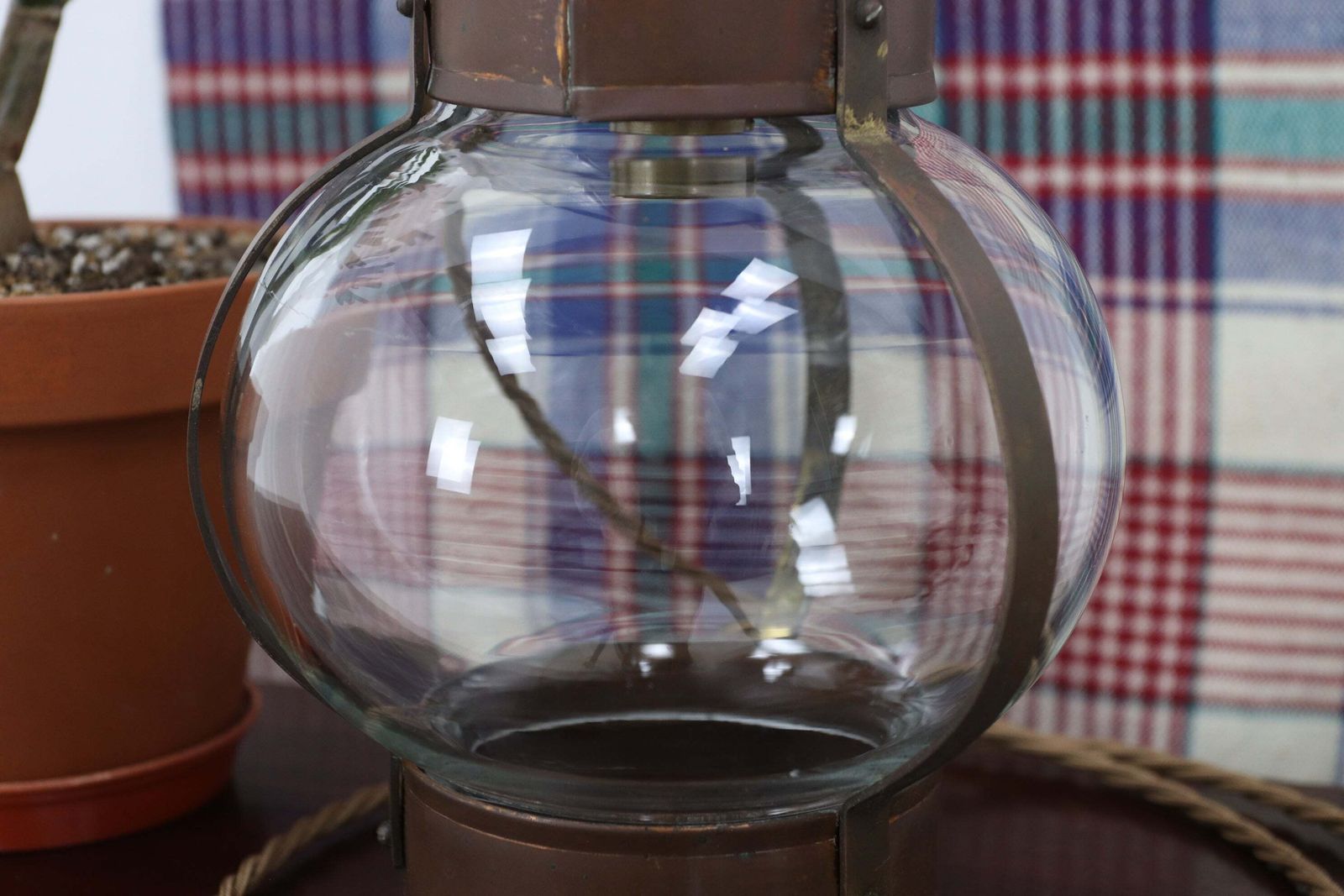 Vintage British Brass & Copper Hand Blown Electric Onion Lamp photo for sale
