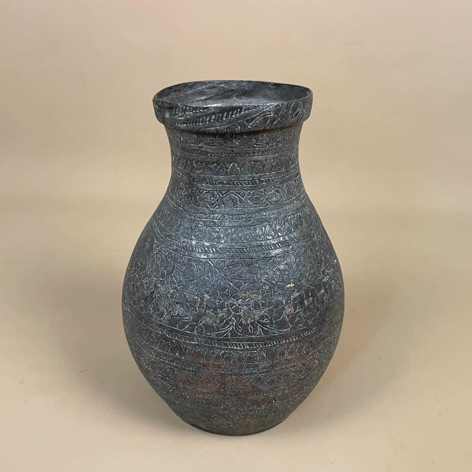 Antique Metal Silver Copper Indian Patterned Plant Pot Vase Jardiniere Asian Handmade Engraved Etched Intricate Vintage Urn Decorative Aged photo for sale