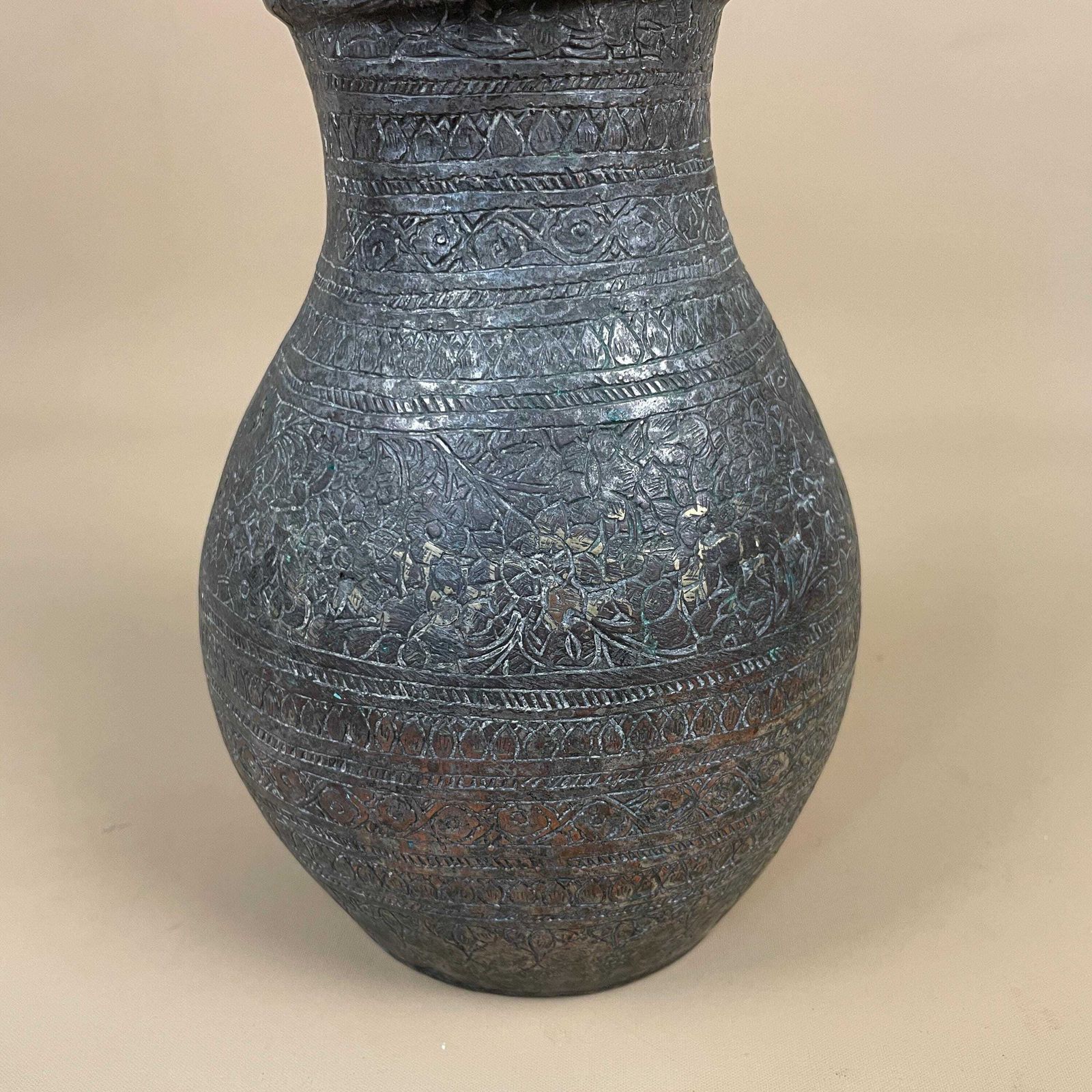 Antique Metal Silver Copper Indian Patterned Plant Pot Vase Jardiniere Asian Handmade Engraved Etched Intricate Vintage Urn Decorative Aged photo Home Decor