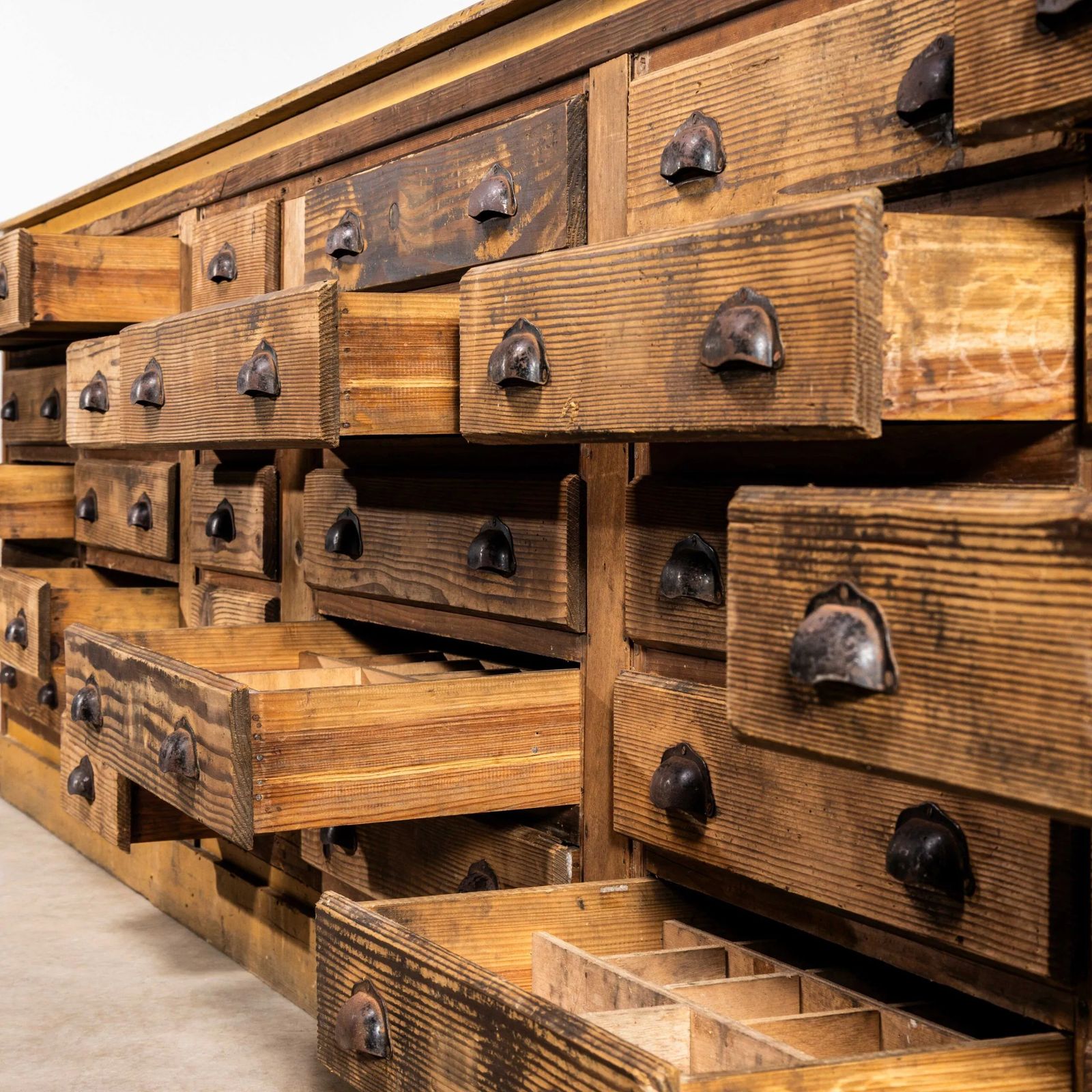 1940’s Original French Workshop Bank Of Drawers – 3.8m photo vintage