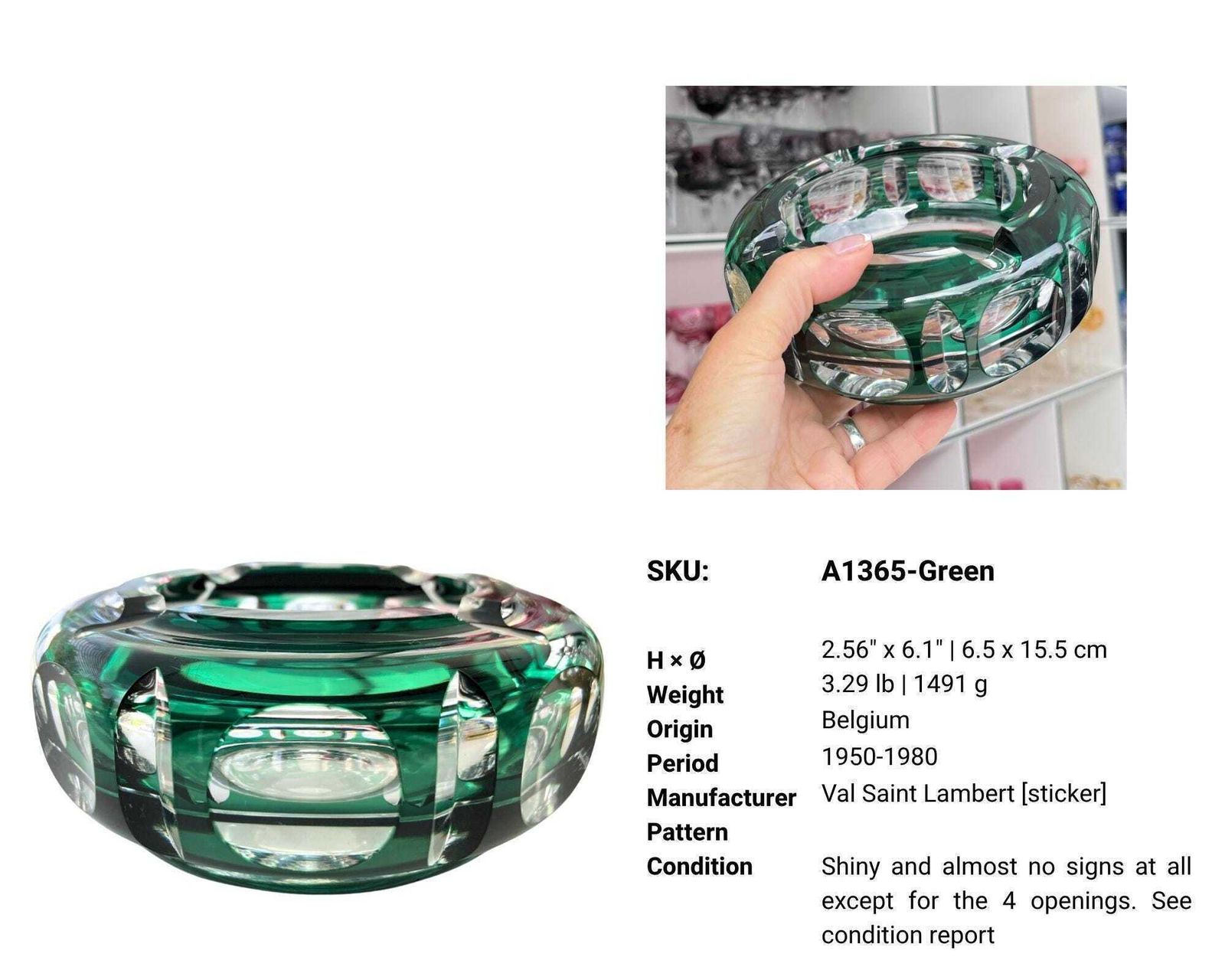 photo furniture Val Saint Lambert Ashtray | 1 Stuk | Kristal In Jadegroen Of Rood