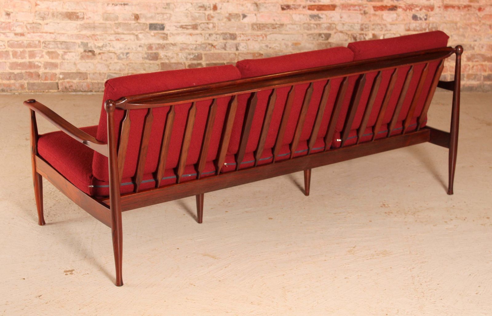 Danish Mid Century Rosewood 3 Seater Sofa With Red Wool Upholstery, Circa 1960s photo vintage