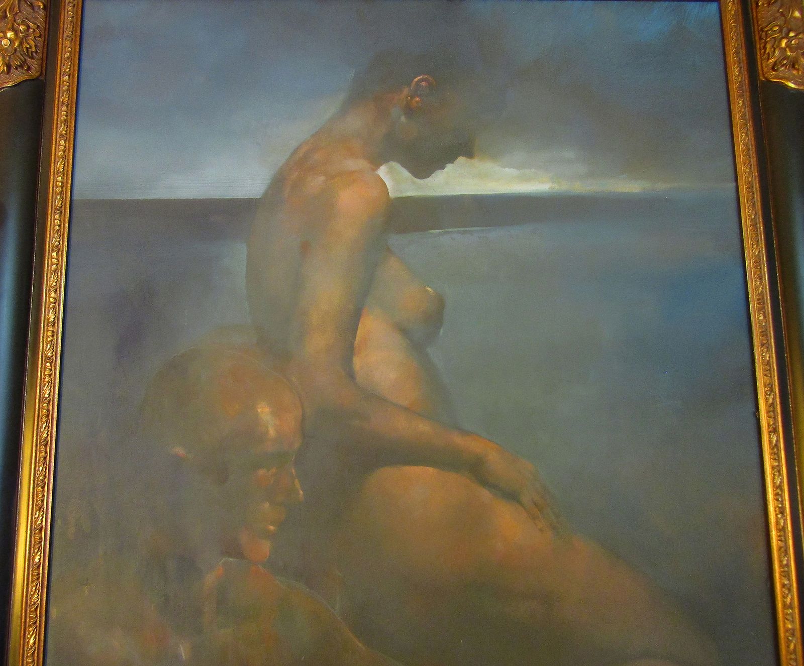 Huge Original Oil On Canvas "Contemplation" By Bill Bate, Signed And Framed Nude photo vintage