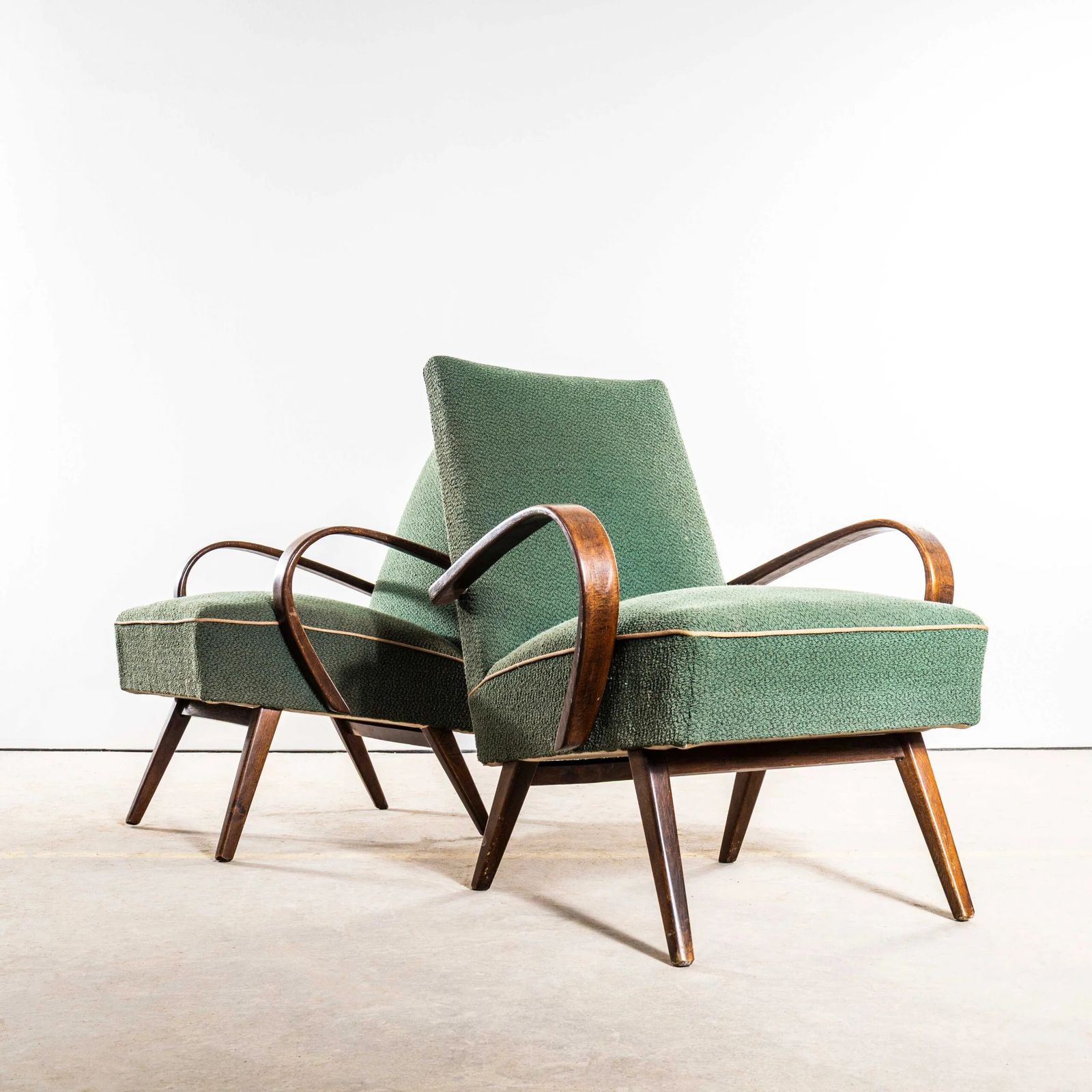 1950’s Jaroslav šmídek Original Armchairs In A Forest Jacquard – Sprung Seat