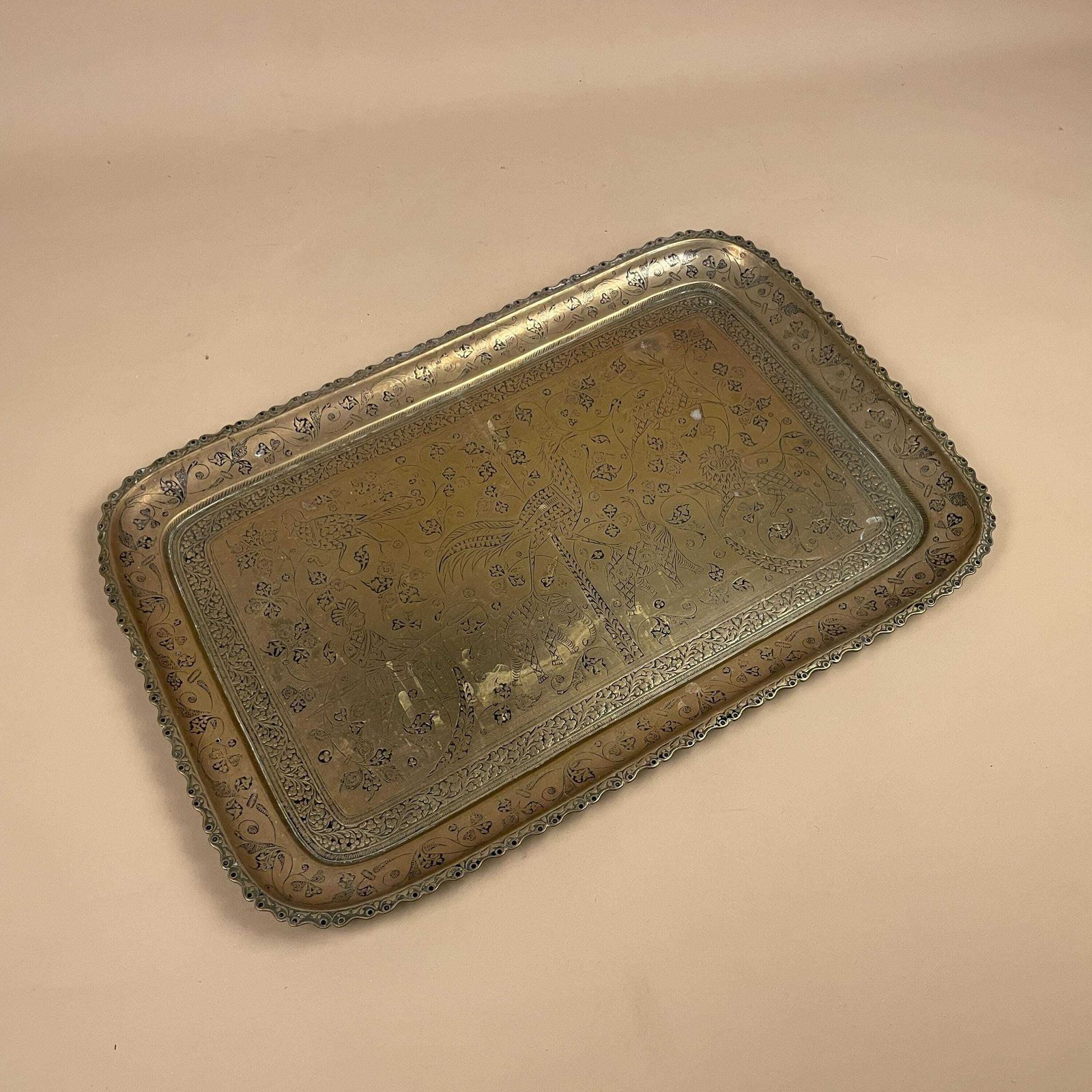 Antique Metal Gold Indian Patterned Brass Tray 44.5x29.5cm Asian Handmade Etched Intricate Decorative Patterned Wall Art Rectangle Vintage