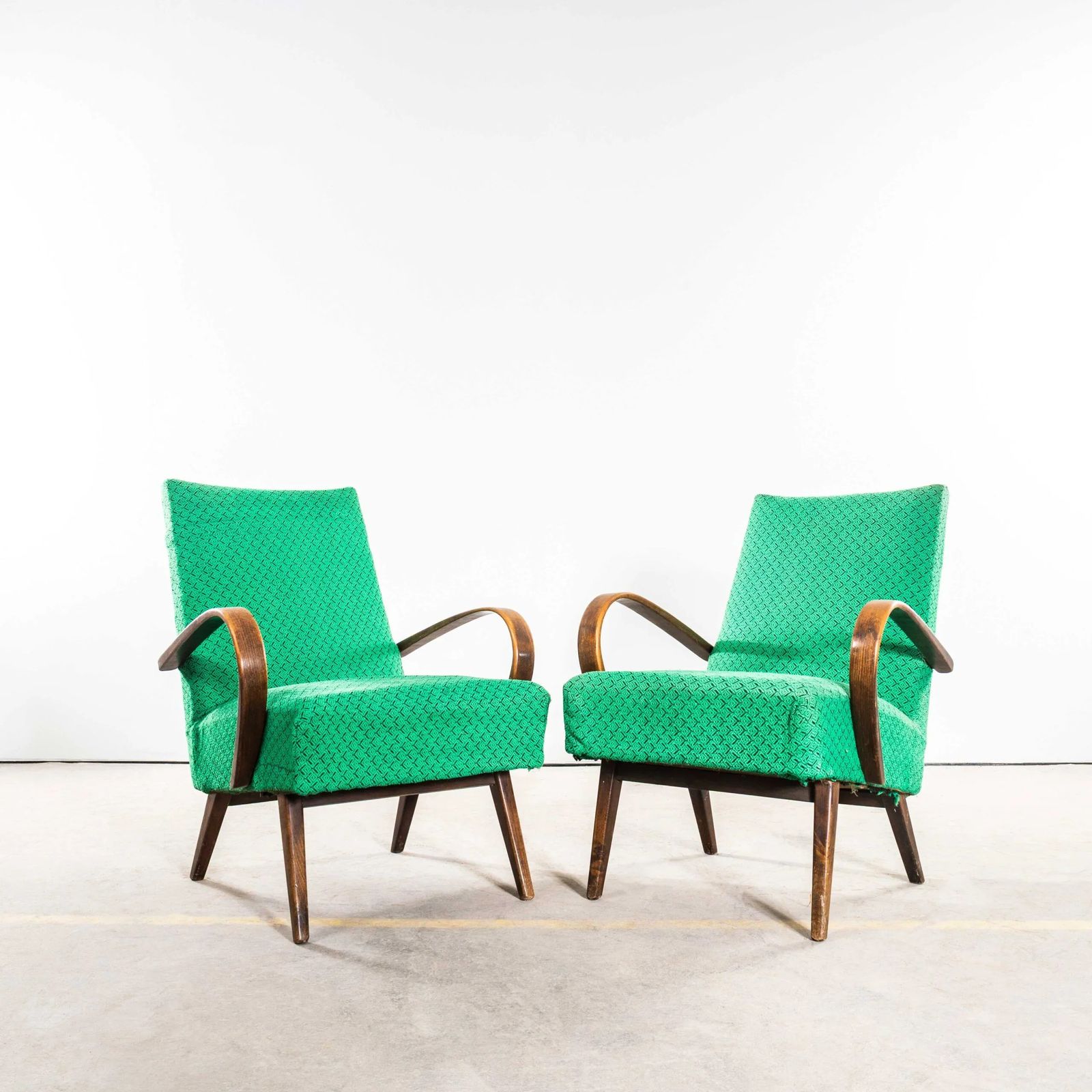 1950’s Jaroslav šmídek Original Armchairs In A Green Geometric Jacquard – Sprung Seat photo for sale