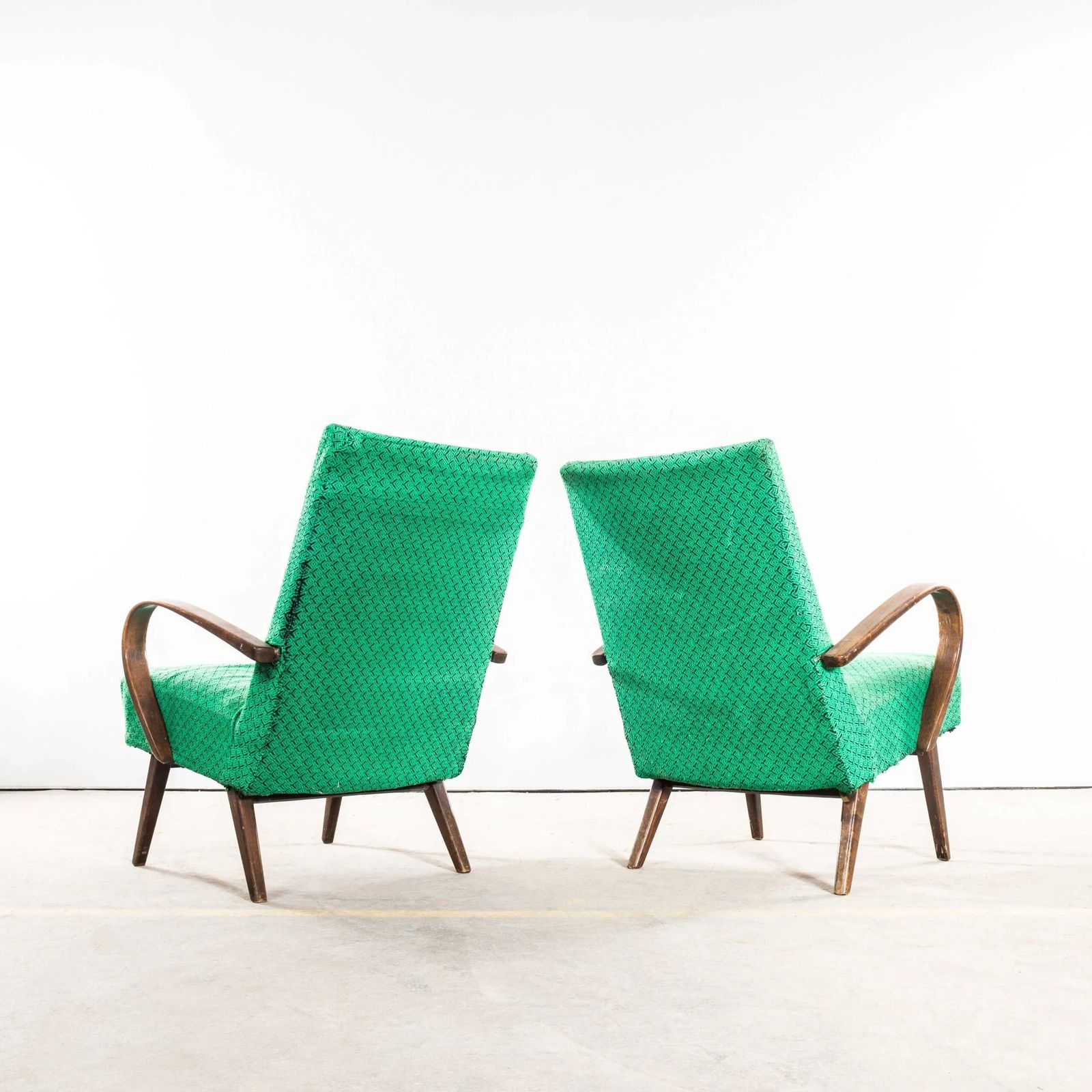 1950’s Jaroslav šmídek Original Armchairs In A Green Geometric Jacquard – Sprung Seat photo vinterior
