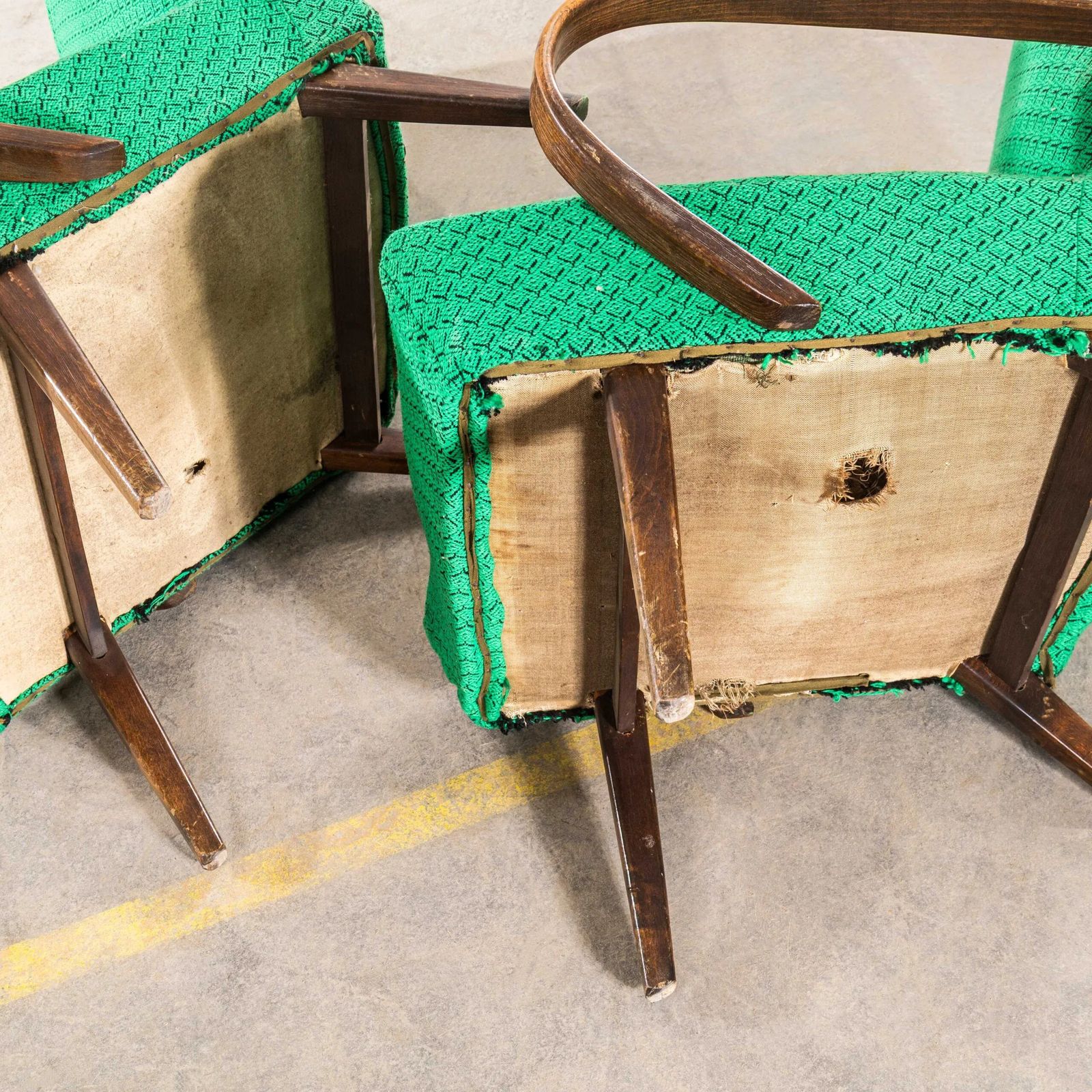 photo for sale 1950’s Jaroslav šmídek Original Armchairs In A Green Geometric Jacquard – Sprung Seat