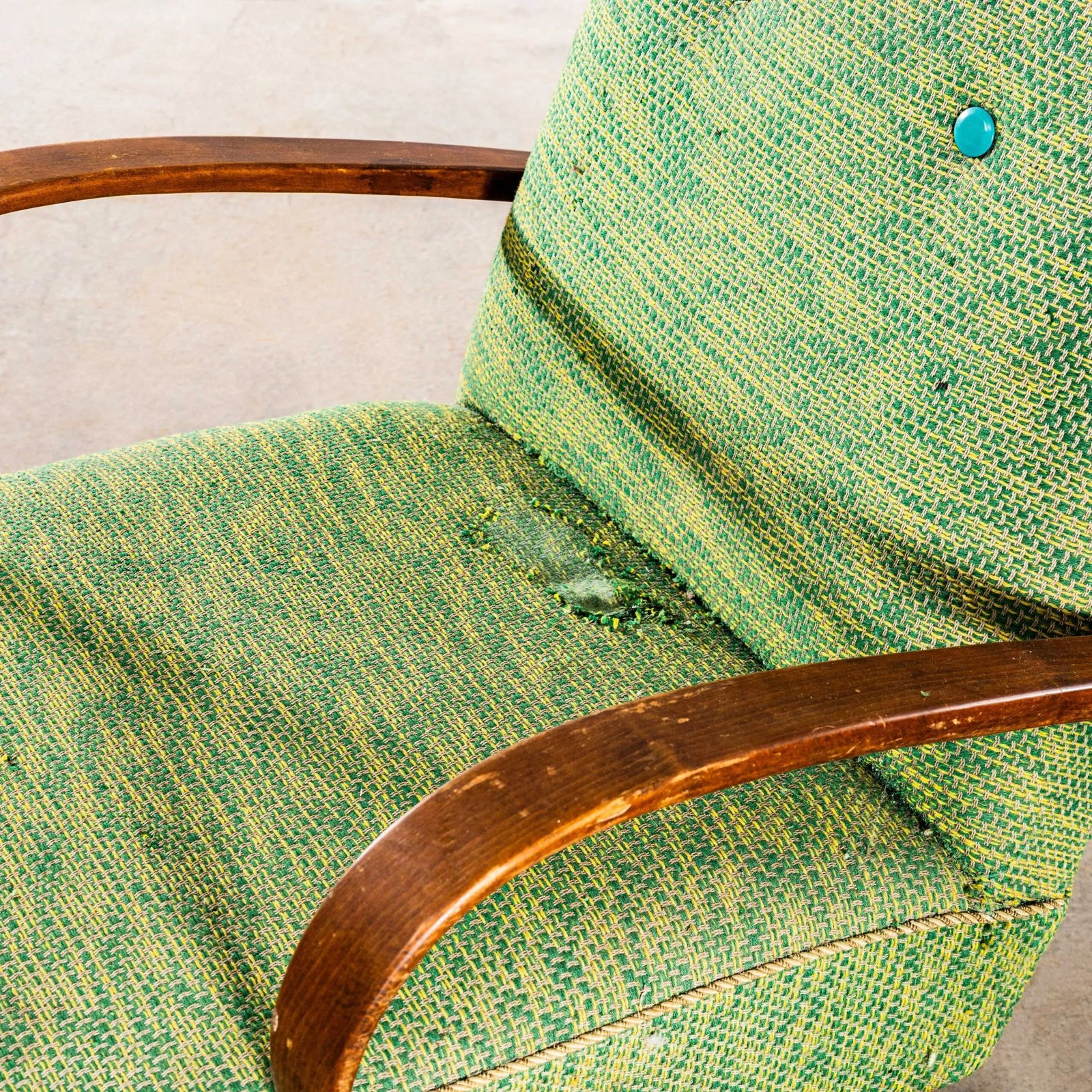 photo for sale 1950’s Jaroslav šmídek Original Armchairs In A Lime Heavy Geometric Weave Fabric With Sprung Seat