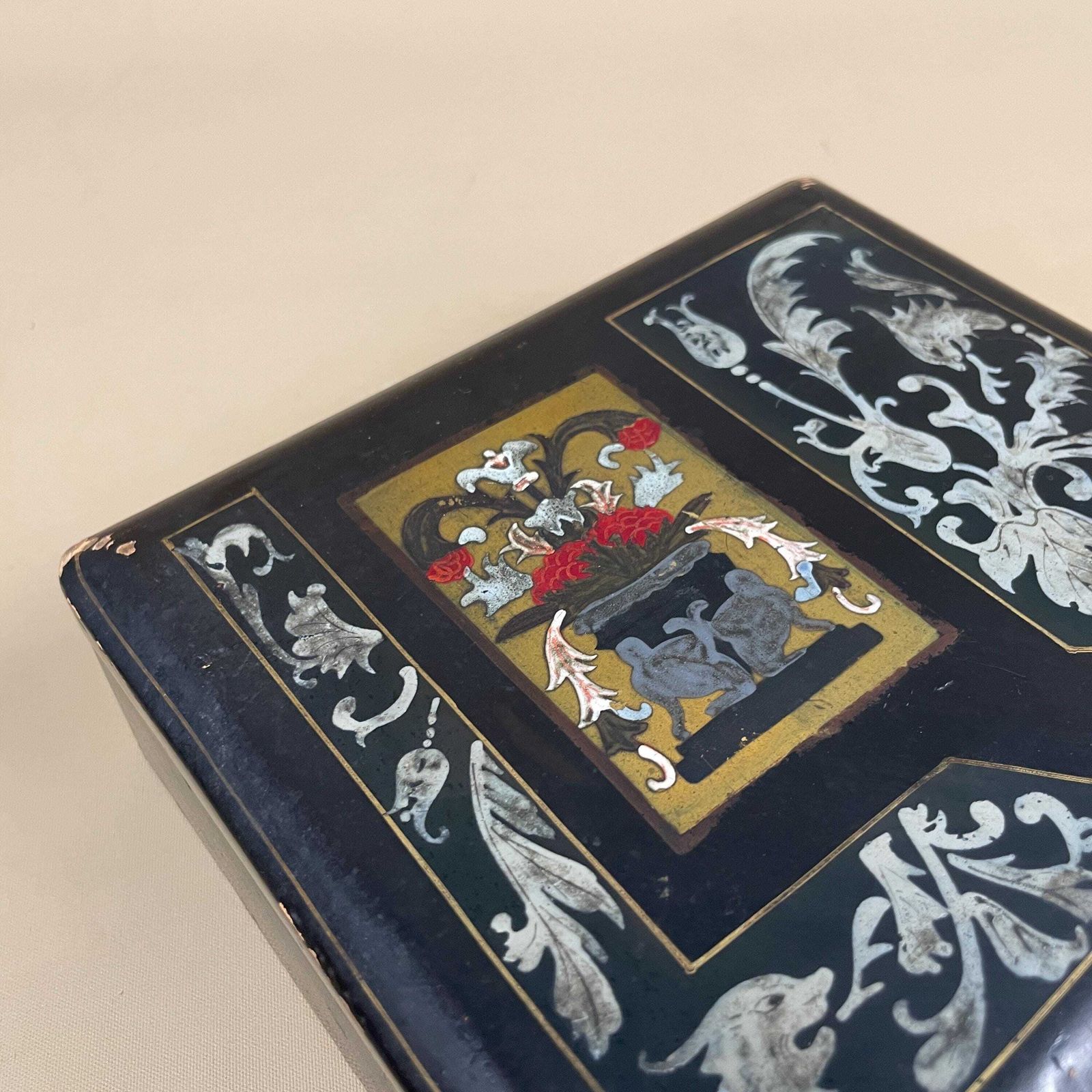 Antique Victorian Papier Mâché Box Mother Of Pearl Inlay Floral Design Hand Painted Lacquer Box 19th Century English Decorative Collectible photo for sale