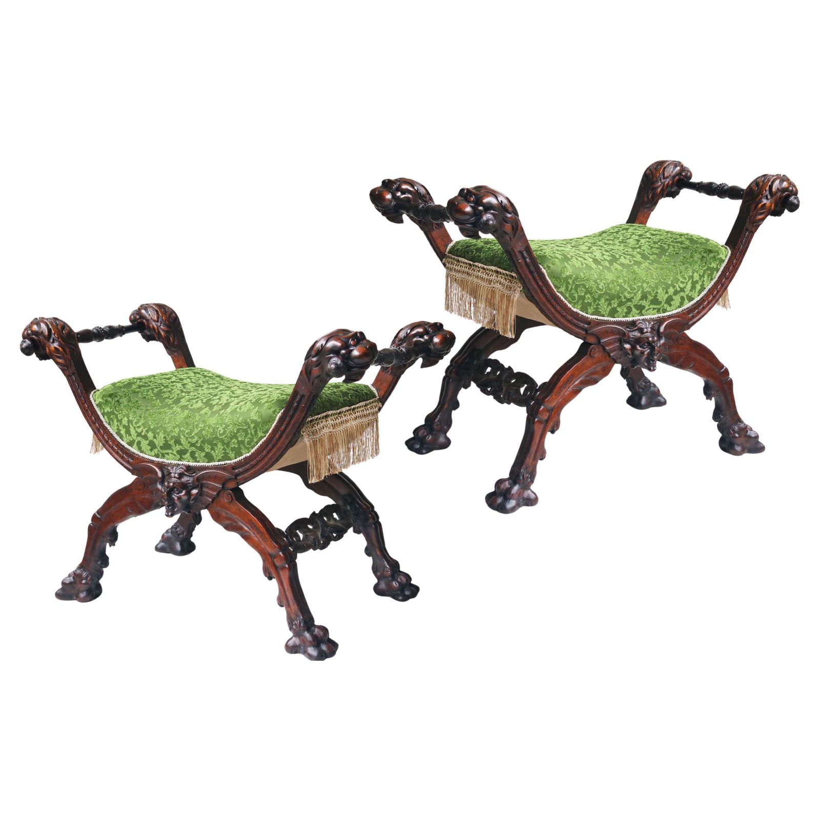 Rare Pair Of Gothic Revival Stools By Victor Aimone 19th Century Lion Heads Oak